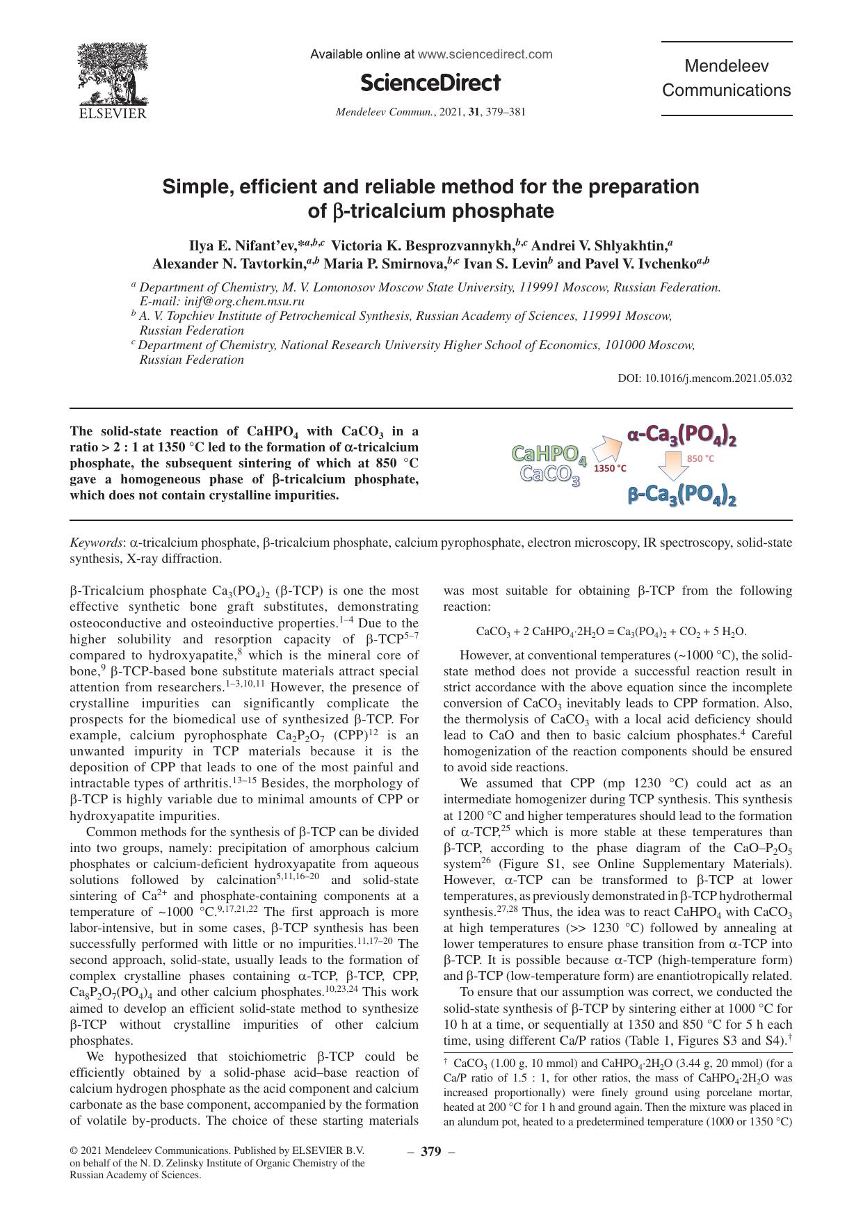 Simple, efficient and reliable method for the preparation of Î²-tricalcium phosphate by unknow