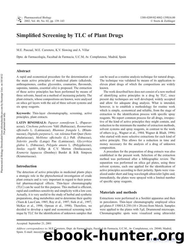 Simplified Screening by TLC of Plant Drugs by M.E. Pascual M.E. Carretero K.V. Slowing & A. Villar
