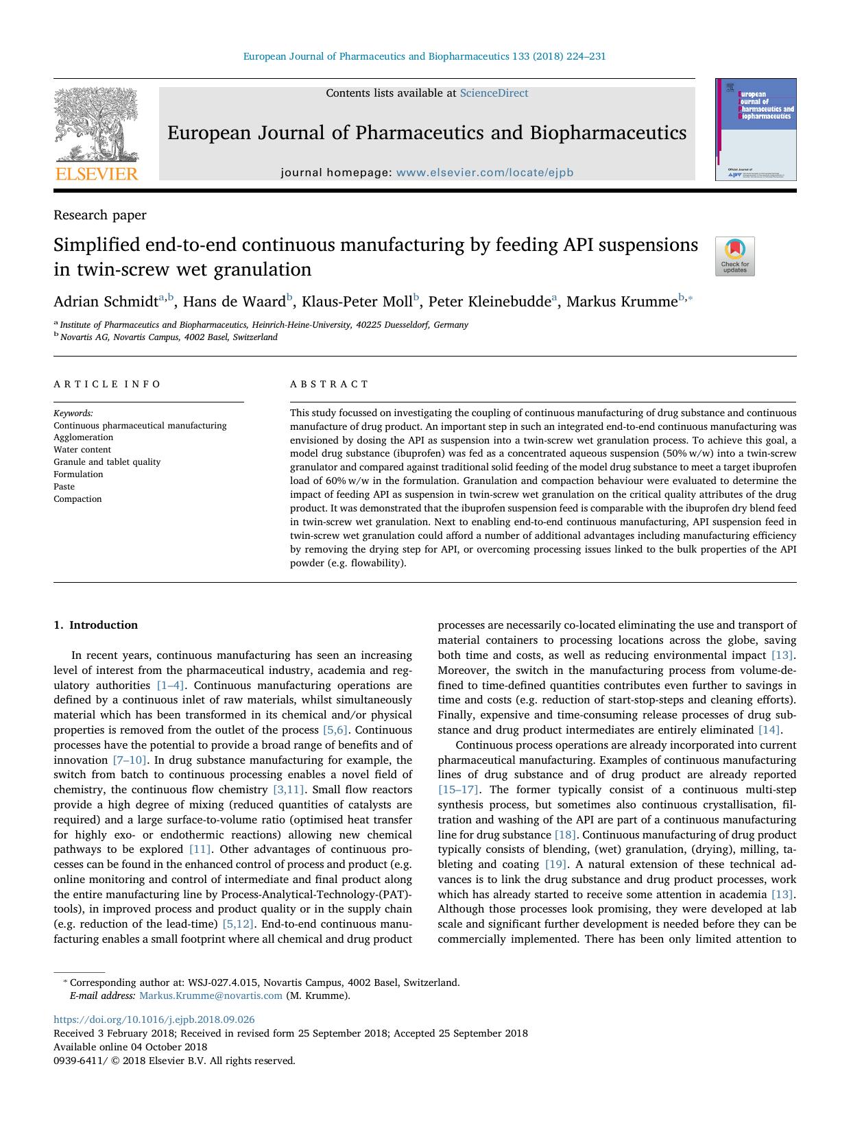 Simplified end-to-end continuous manufacturing by feeding API suspensions in twin-screw wet granulation by Adrian Schmidt & Hans de Waard & Klaus-Peter Moll & Peter Kleinebudde & Markus Krumme