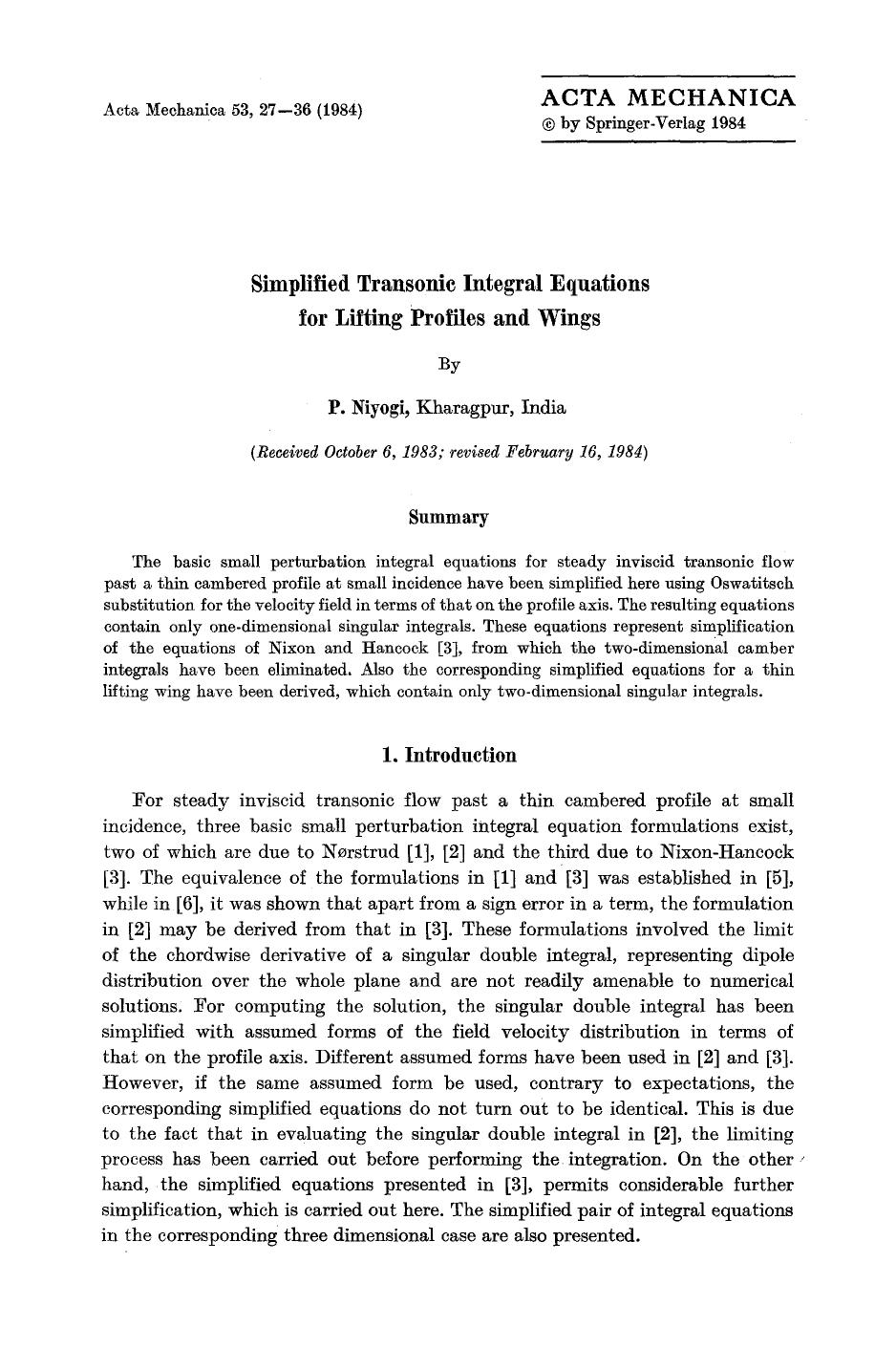 Simplified transonic integral equations for lifting profiles and wings by Unknown