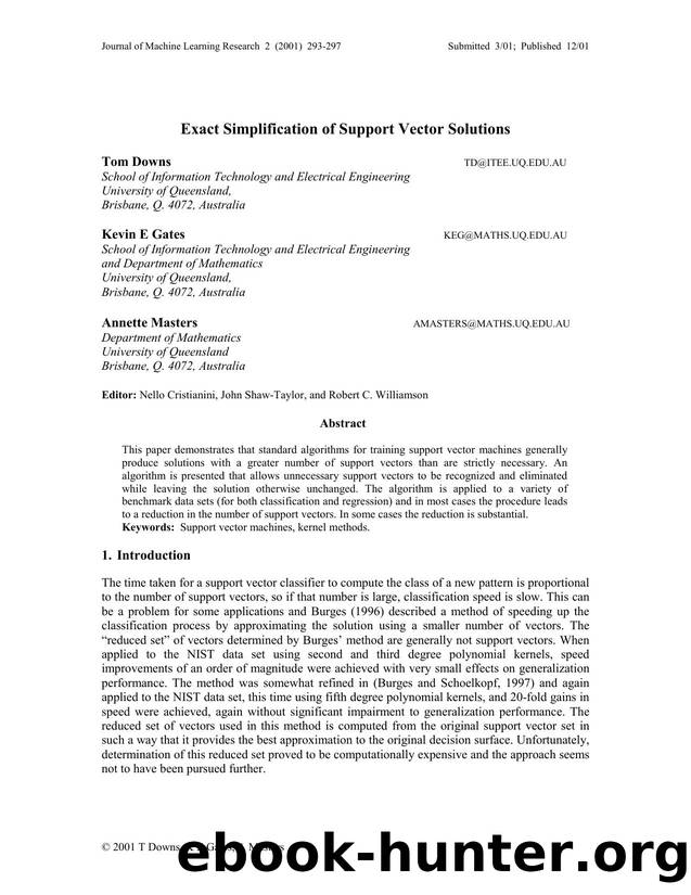 Simplifying support vector solutions by Downs