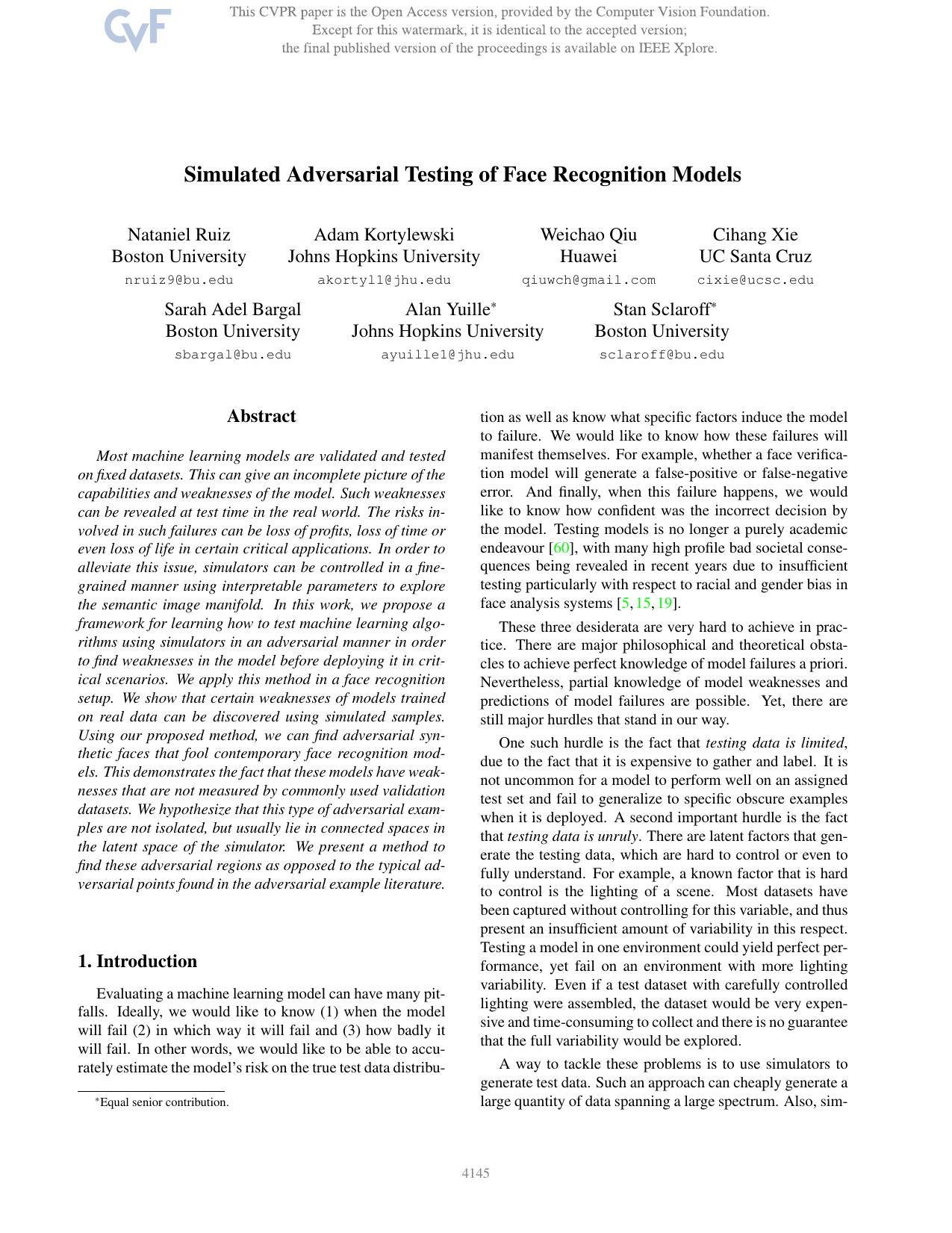 Simulated Adversarial Testing of Face Recognition Models by unknow