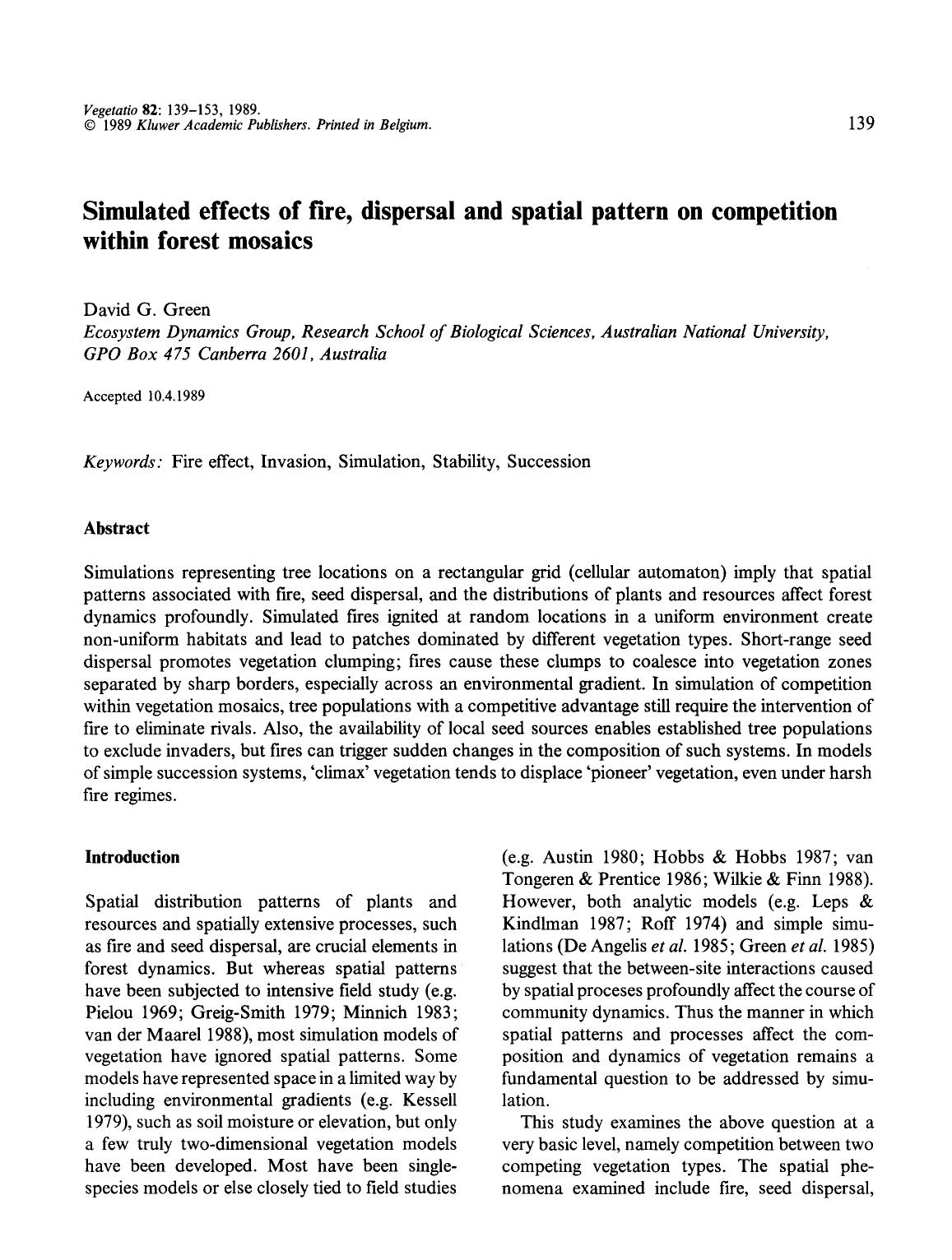 Simulated effects of fire, dispersal and spatial pattern on competition within forest mosaics by Unknown