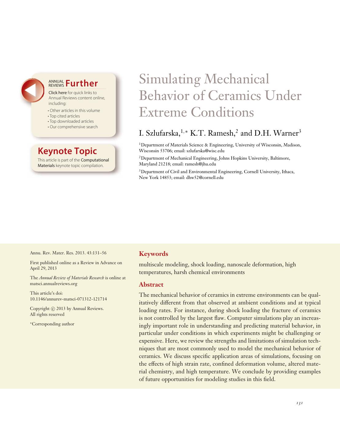 Simulating Mechanical Behavior of Ceramics Under Extreme Conditions by I. Szlufarska K.T. Ramesh D.H. Warner