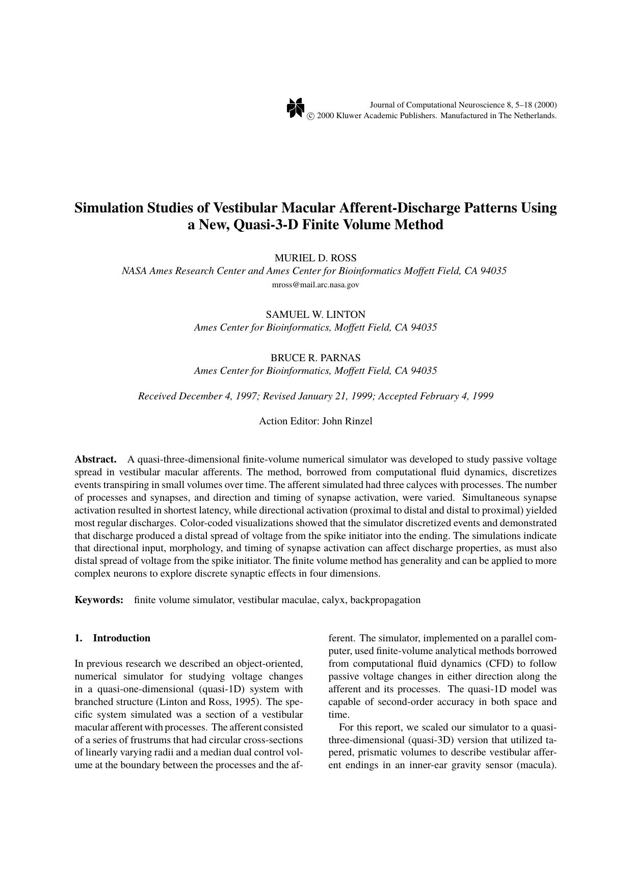 Simulation Studies of Vestibular Macular Afferent-Discharge Patterns Using a New, Quasi-3-D Finite Volume Method by Unknown