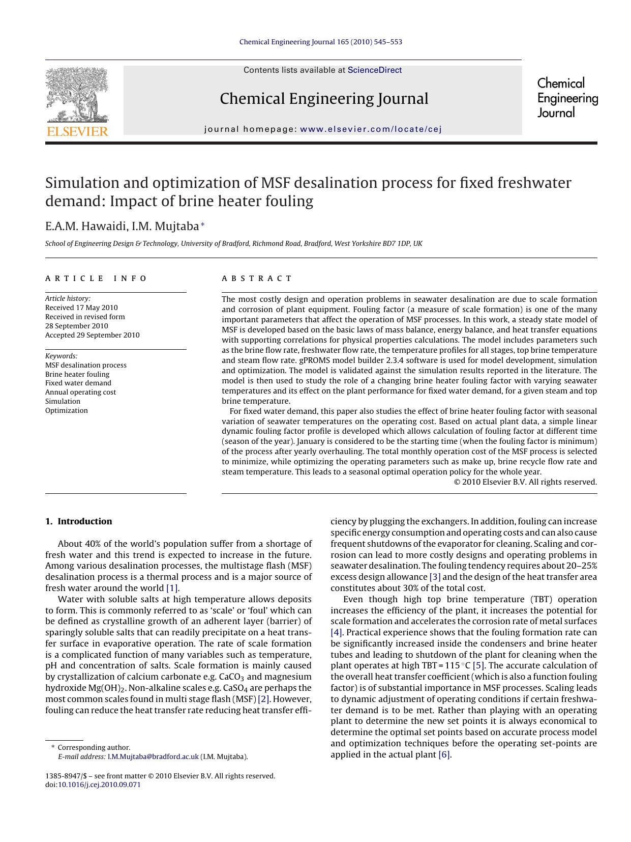 Simulation and optimization of MSF desalination process for fixed freshwater demand: Impact of brine heater fouling by E.A.M. Hawaidi