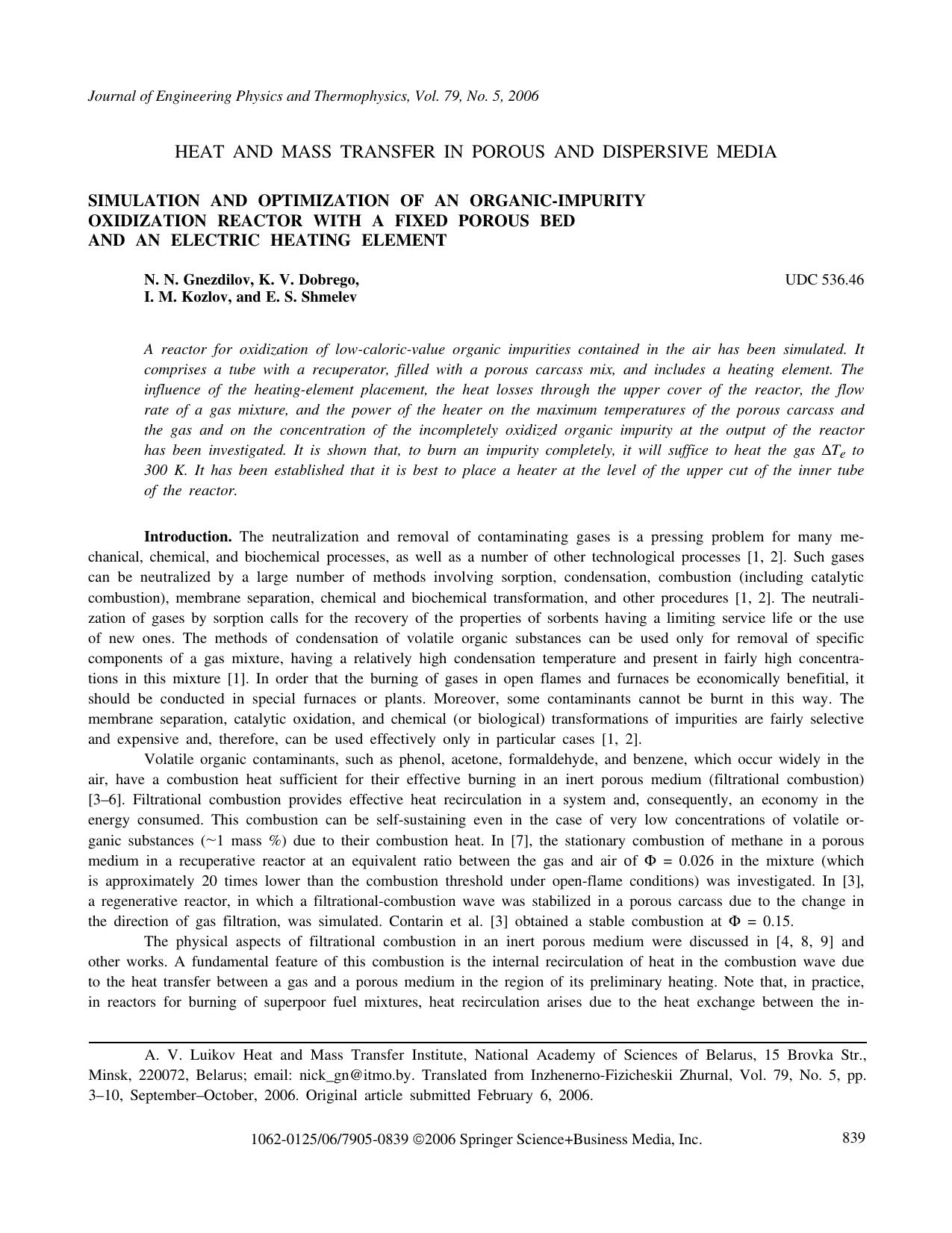 Simulation and optimization of an organic-impurity oxidization reactor with a fixed porous bed and an electric heating element by Unknown