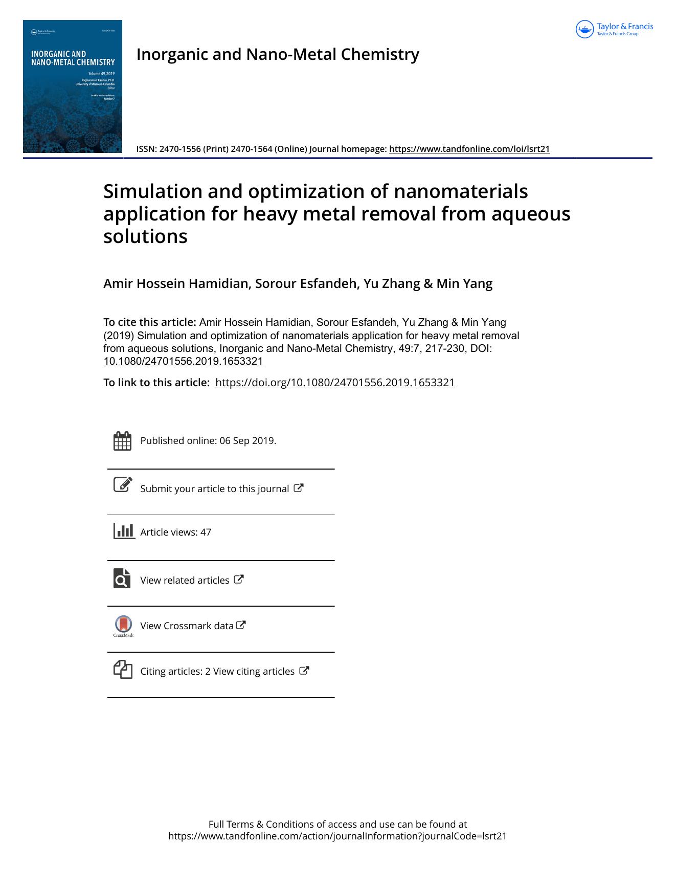 Simulation and optimization of nanomaterials application for heavy metal removal from aqueous solutions by Hamidian Amir Hossein & Esfandeh Sorour & Zhang Yu & Yang Min