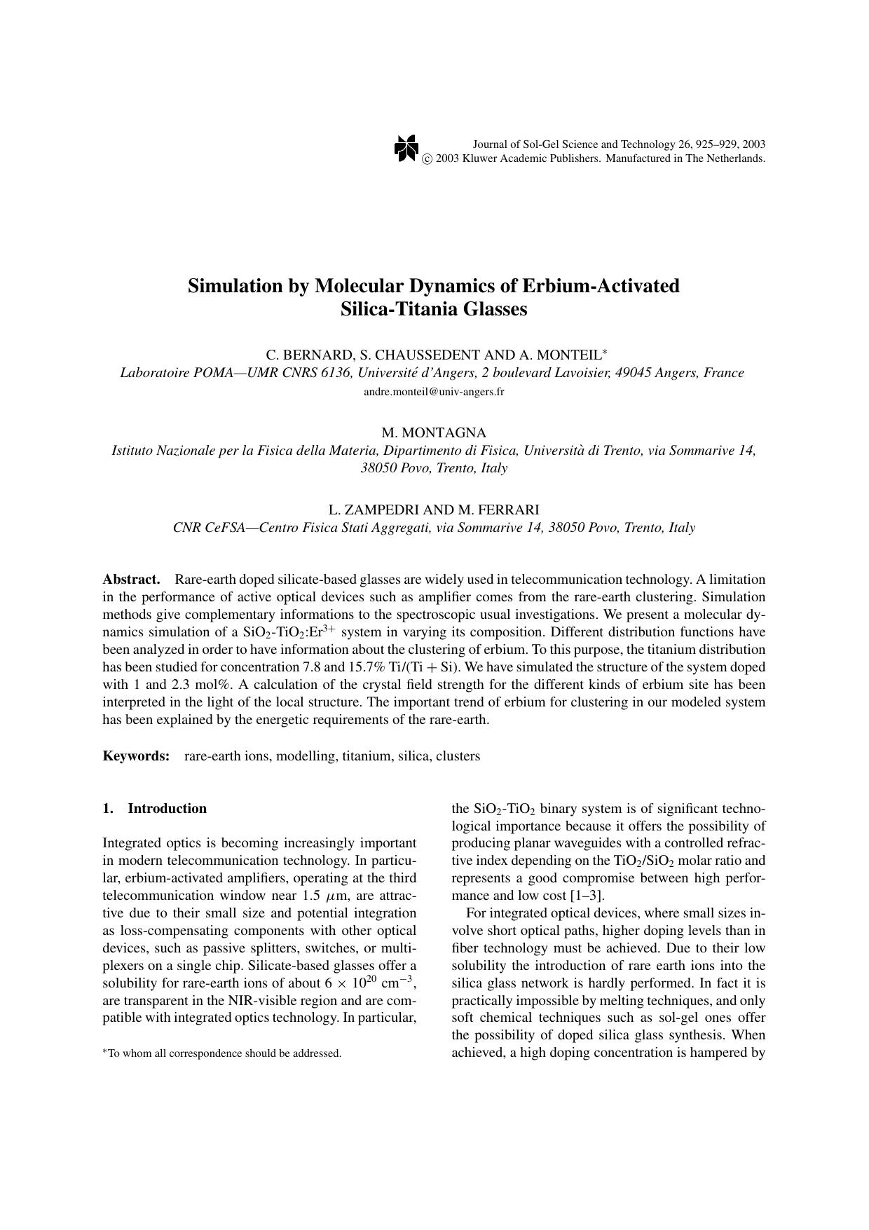 Simulation by Molecular Dynamics of Erbium-Activated Silica-Titania Glasses by Unknown
