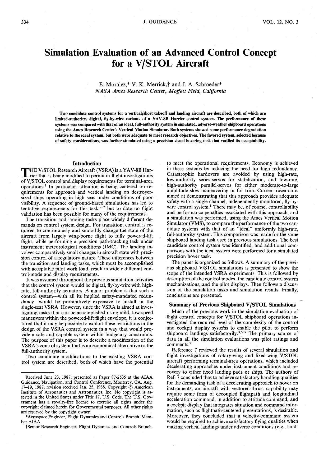 Simulation evaluation of an advanced control concept for a V STOL aircraft by Unknown