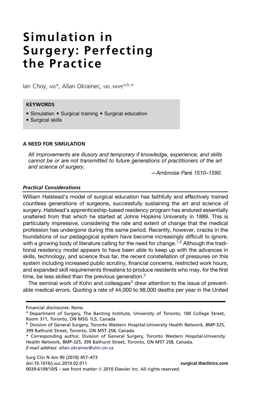 Simulation in Surgery: Perfecting the Practice by Ian Choy MD; Allan Okrainec MD MHPE