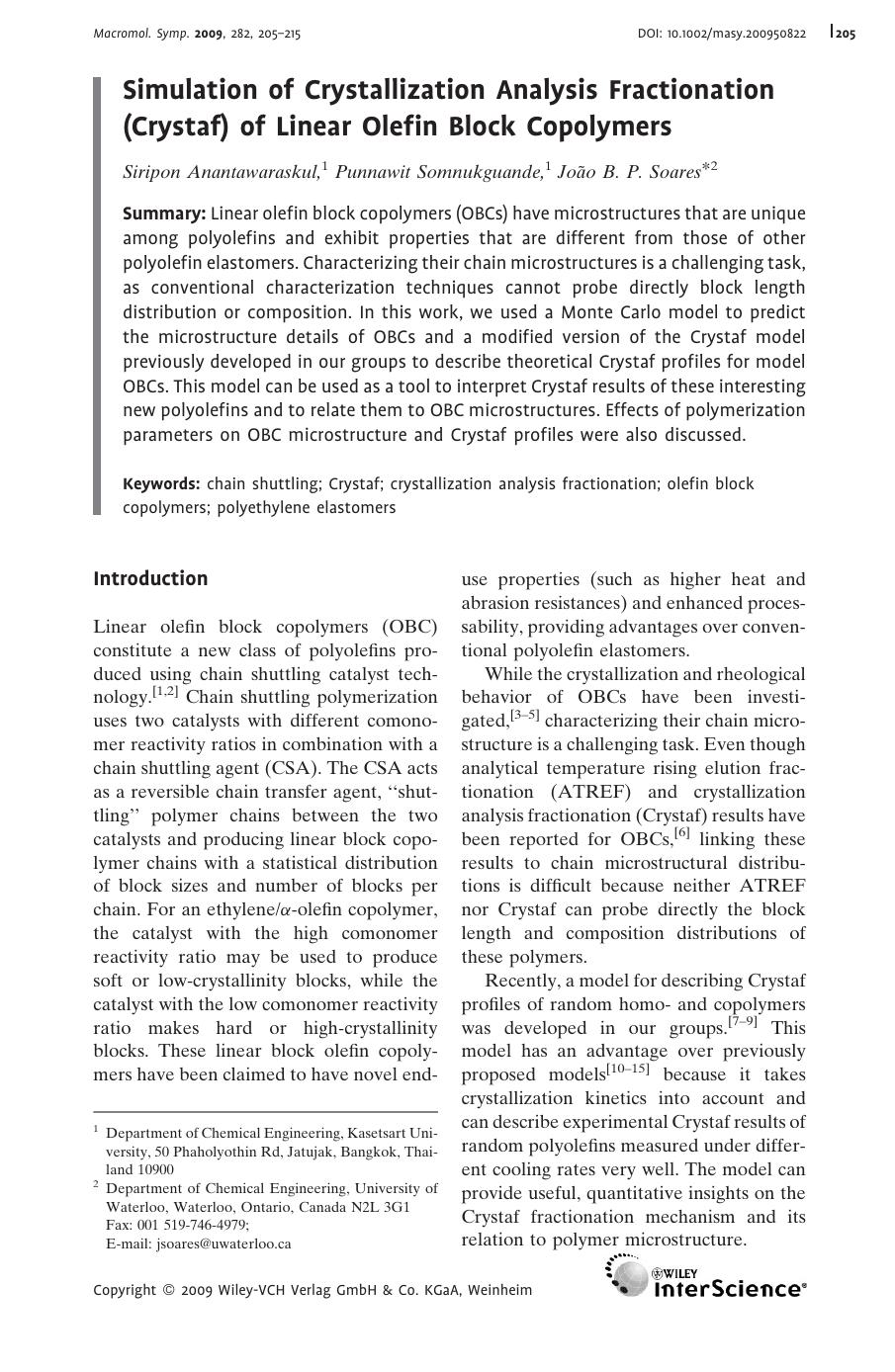 Simulation of Crystallization Analysis Fractionation (Crystaf) of Linear Olefin Block Copolymers by Unknown