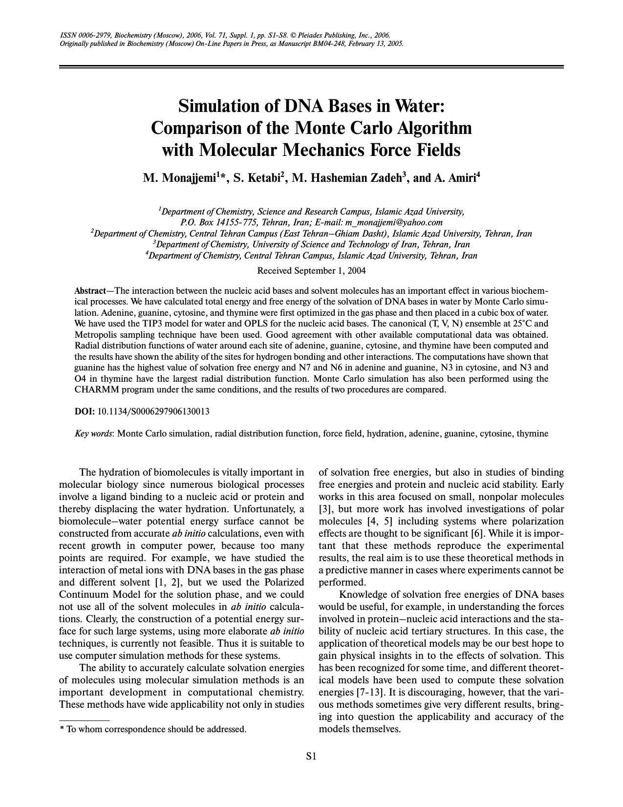Simulation of DNA bases in water: Comparison of the Monte Carlo algorithm with molecular mechanics force fields by Unknown
