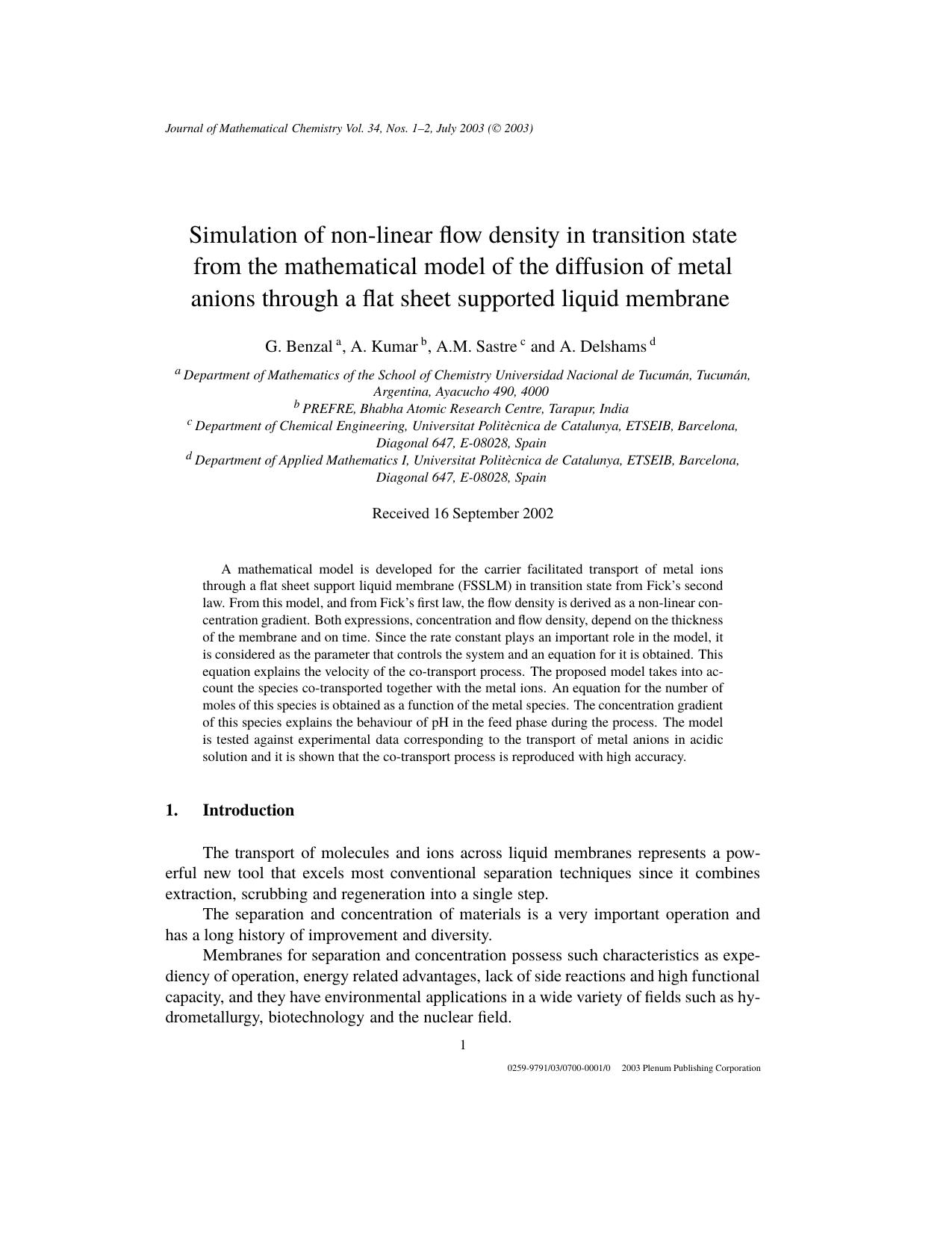 Simulation of Non-Linear Flow Density in Transition State from the Mathematical Model of the Diffusion of Metal Anions Through a Flat Sheet Supported Liquid Membrane by Unknown