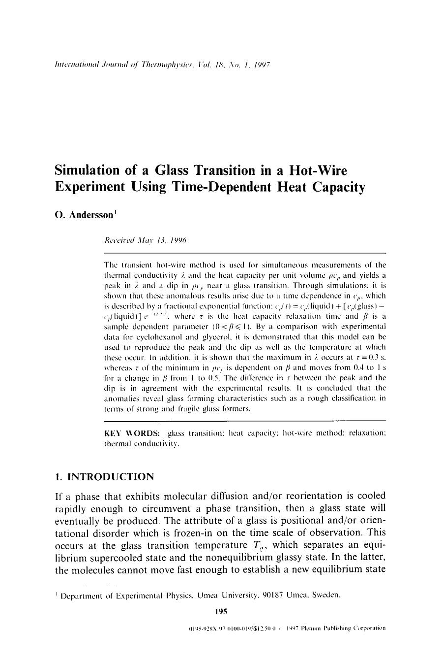 Simulation of a glass transition in a hot-wire experiment using time-dependent heat capacity by Unknown