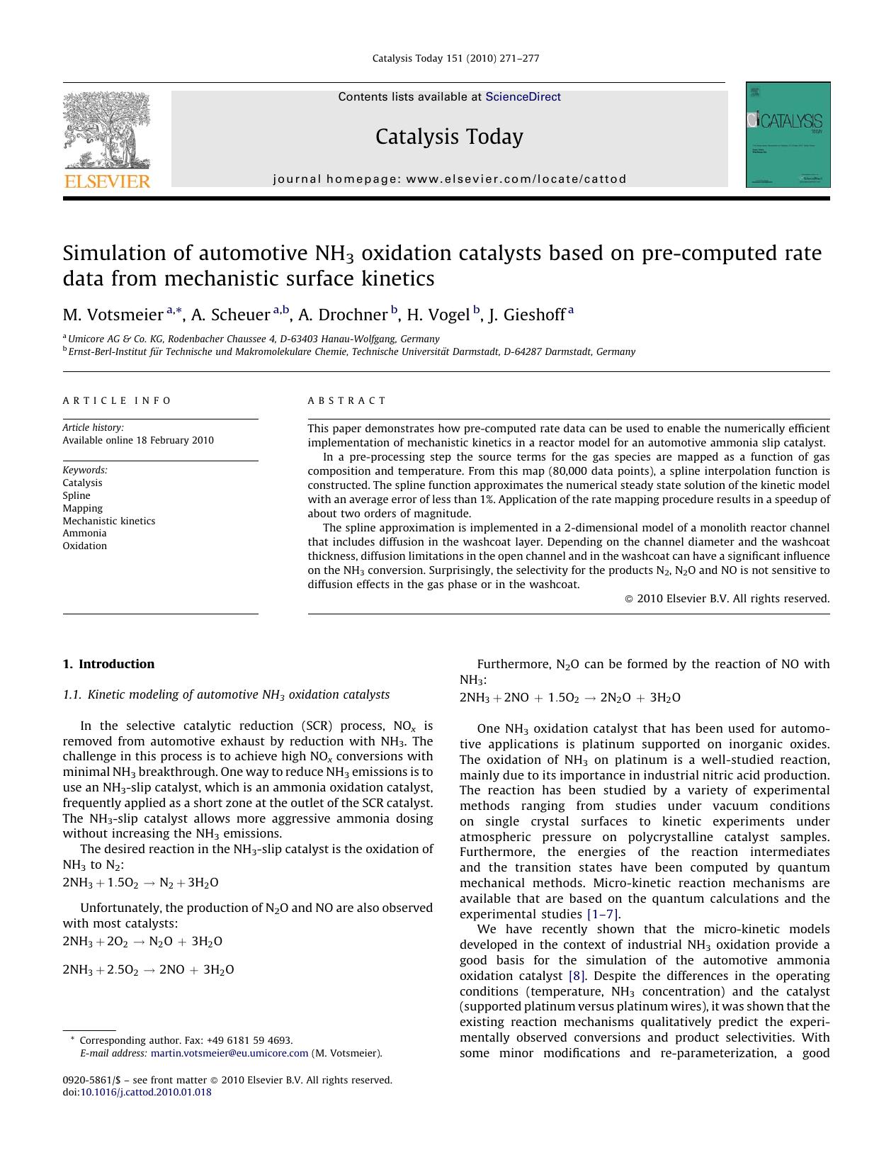 Simulation of automotive NH3 oxidation catalysts based on pre-computed rate data from mechanistic surface kinetics by M. Votsmeier; A. Scheuer; A. Drochner; H. Vogel; J. Gieshoff