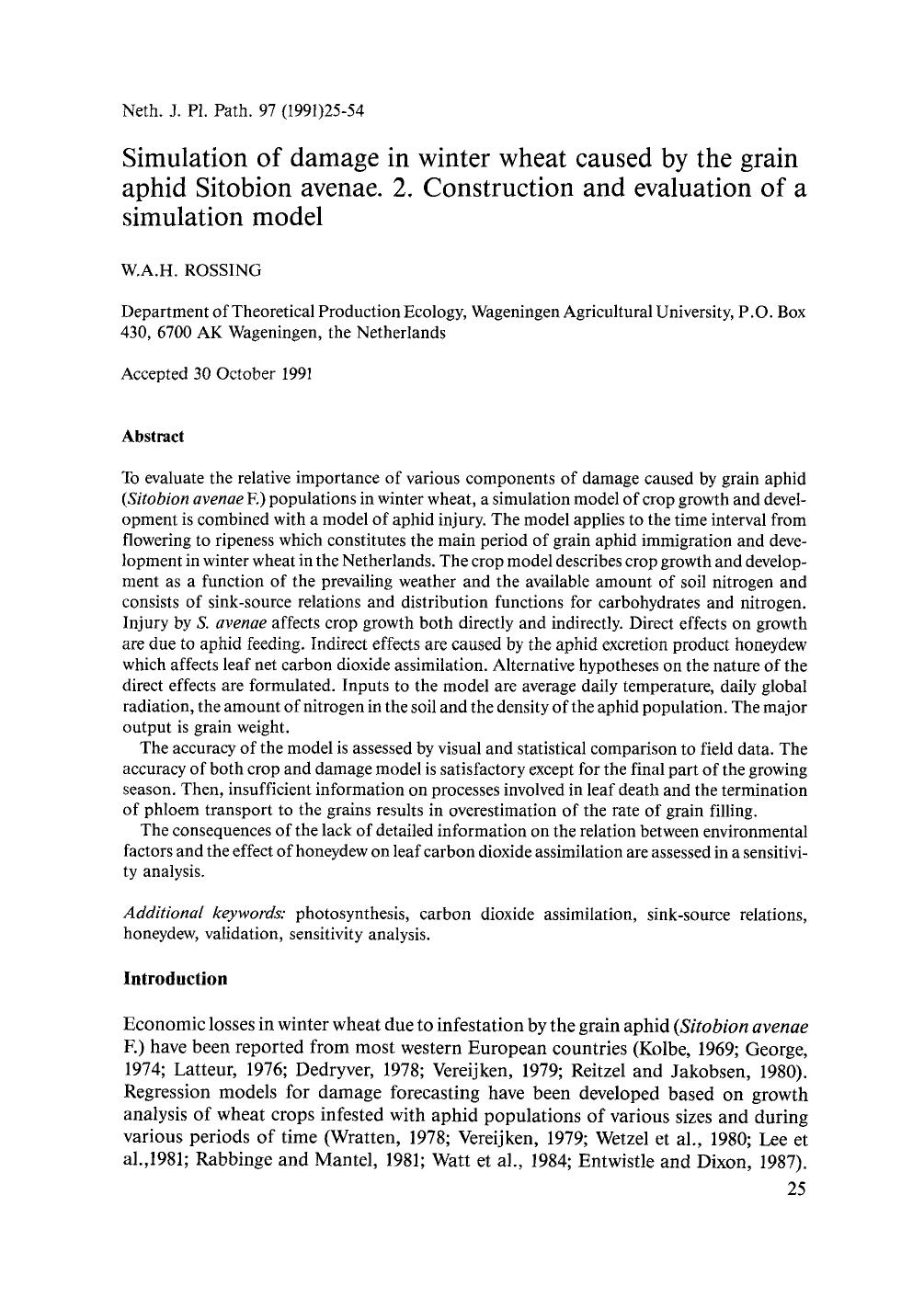 Simulation of damage in winter wheat caused by the grain aphid Sitobion avenae. 2. Construction and evaluation of a simulation model by Unknown