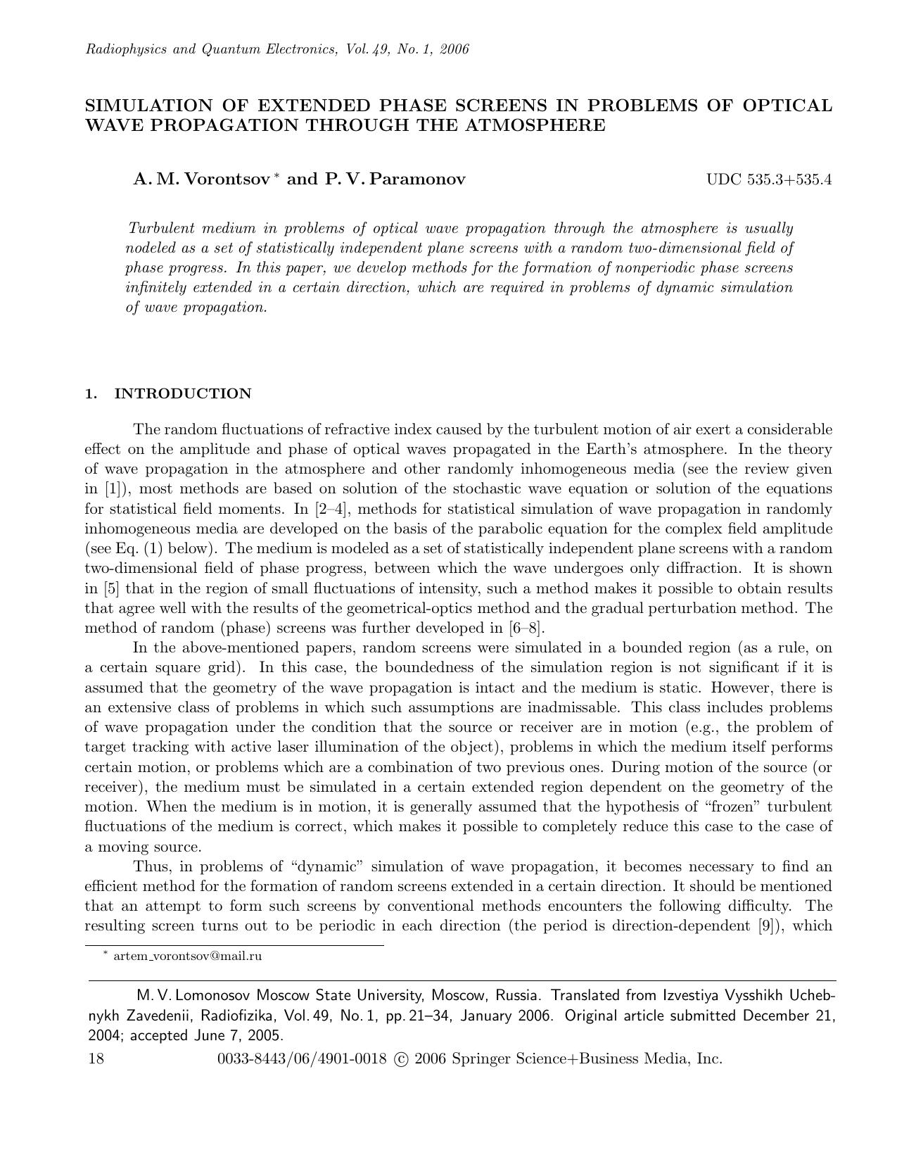 Simulation of extended phase screens in problems of optical wave propagation through the atmosphere by Unknown