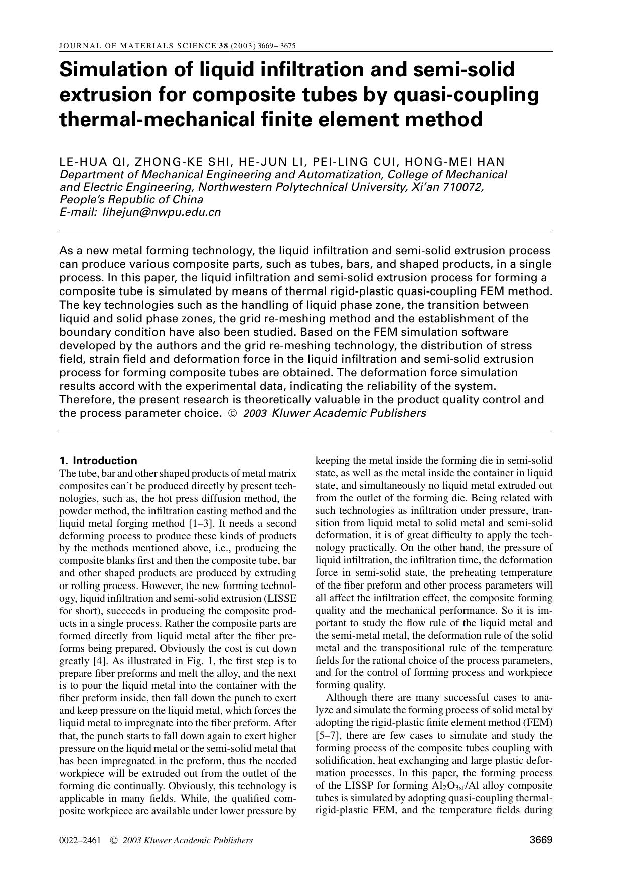 Simulation of liquid infiltration and semi-solid extrusion for composite tubes by quasi-coupling thermal-mechanical finite element method by Unknown