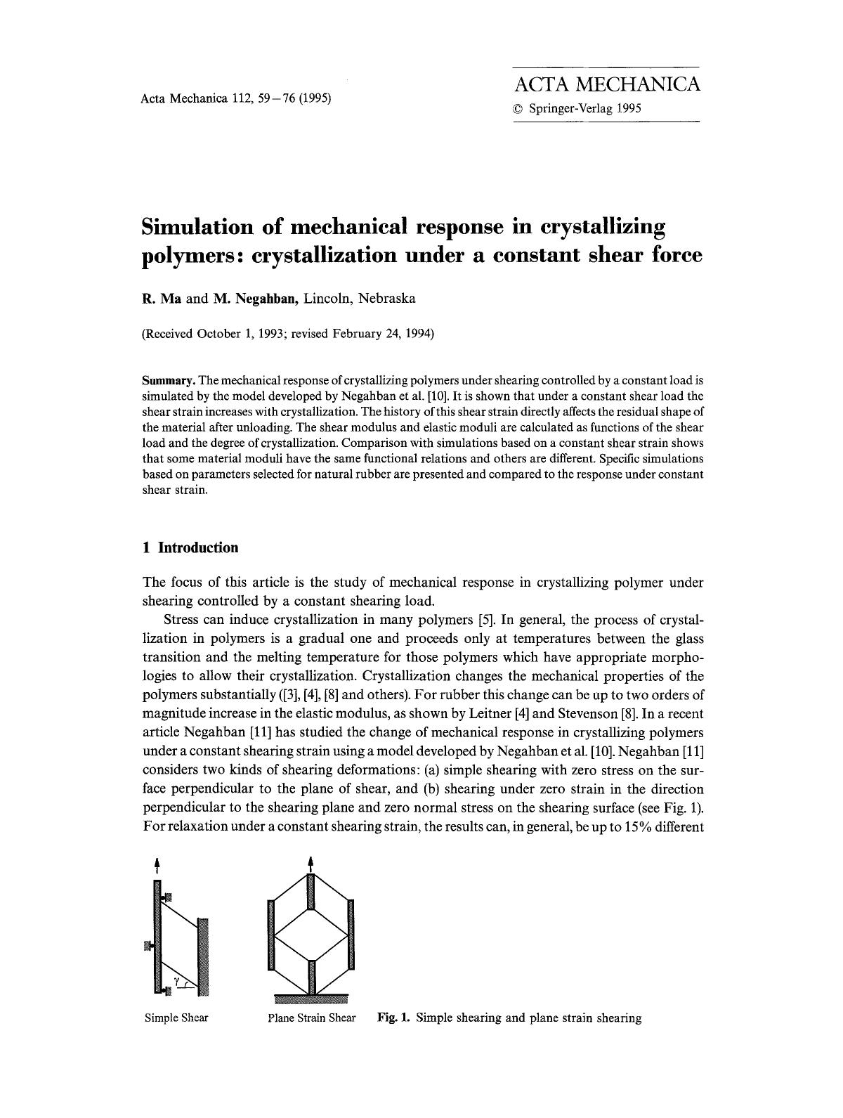 Simulation of mechanical response in crystallizing polymers: crystallization under a constant shear force by Unknown