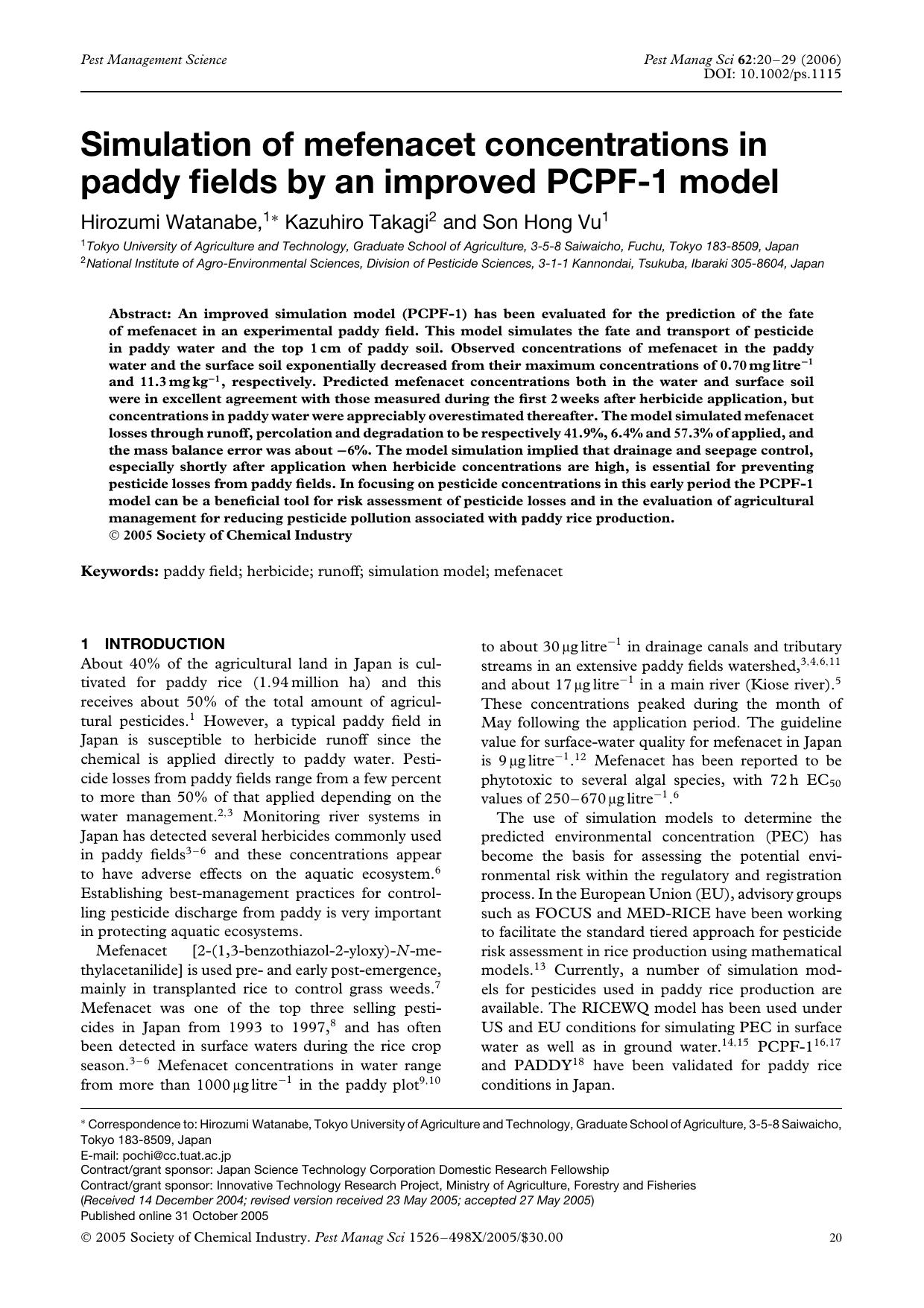 Simulation of mefenacet concentrations in paddy fields by an improved PCPF-1 model by Unknown