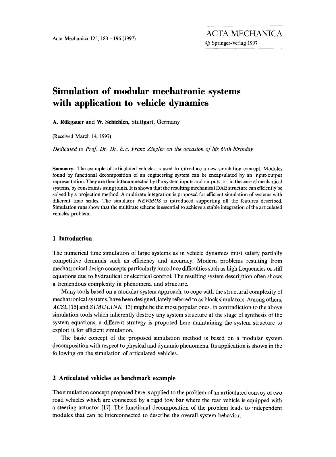 Simulation of modular mechatronic systems with application to vehicle dynamics by Unknown