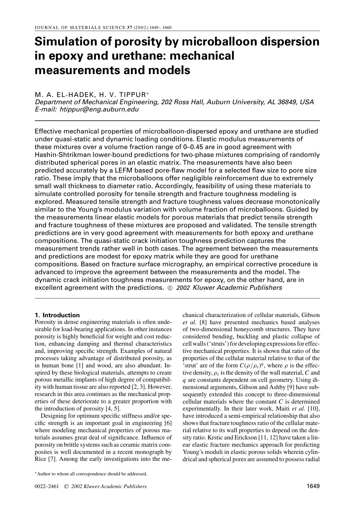 Simulation of porosity by microballoon dispersion in epoxy and urethane: mechanical measurements and models by Unknown