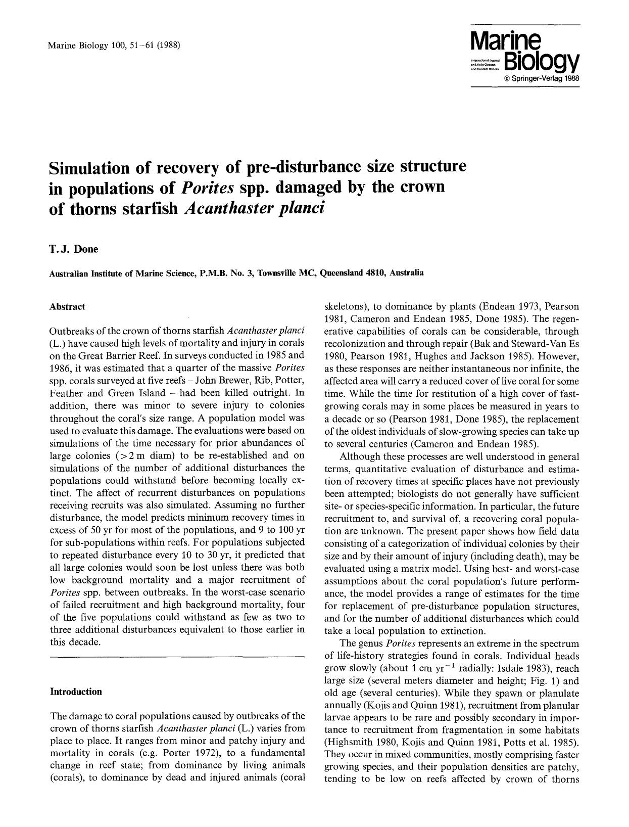 Simulation of recovery of pre-disturbance size structure in populations of <Emphasis Type="Italic">Porites<Emphasis> spp. damaged by the crown of thorns starfish <Emphasis Type="It by Unknown