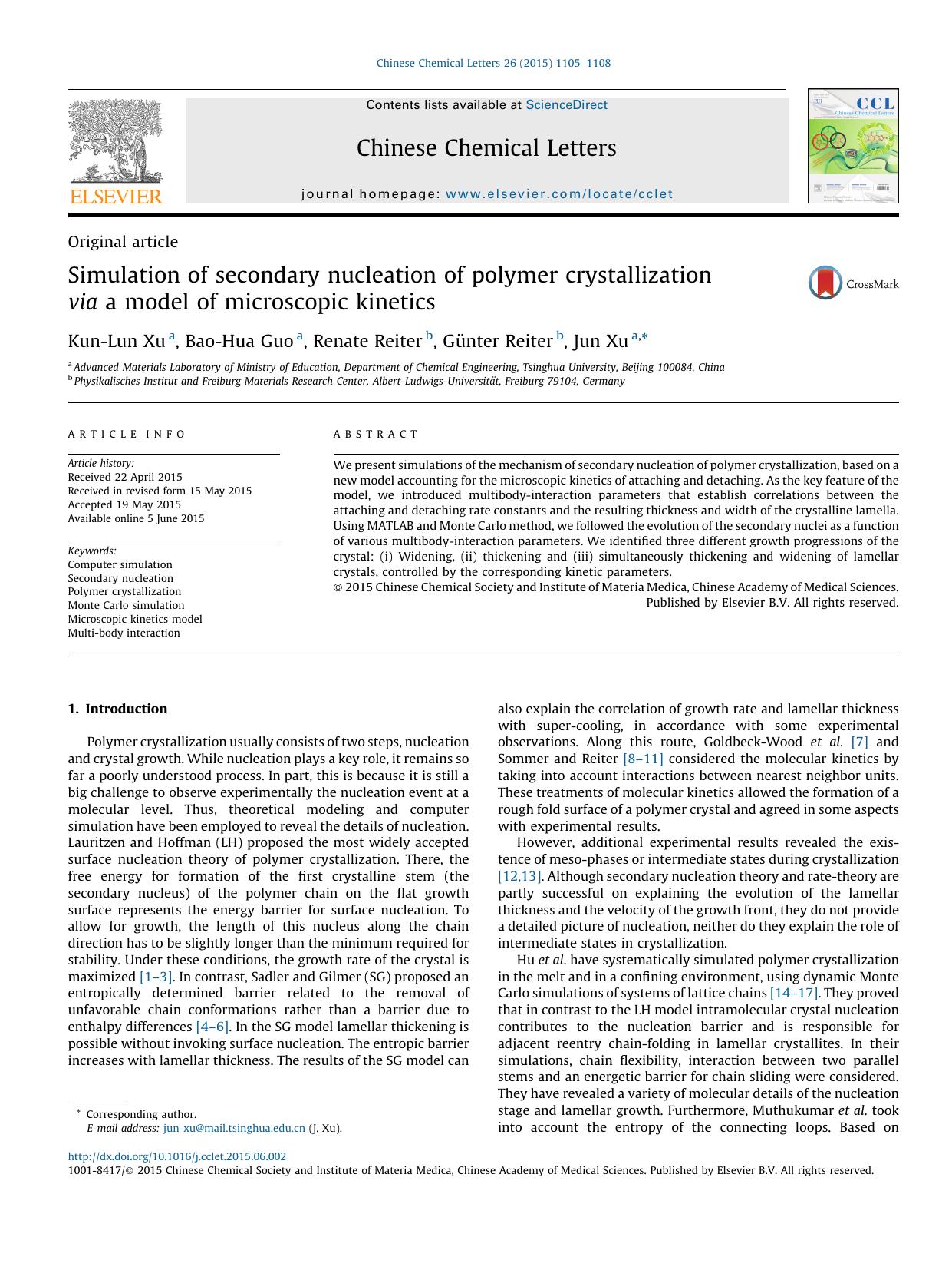 Simulation of secondary nucleation of polymer crystallization via a model of microscopic kinetics by Kun-Lun Xu & Bao-Hua Guo & Renate Reiter & Günter Reiter & Jun Xu