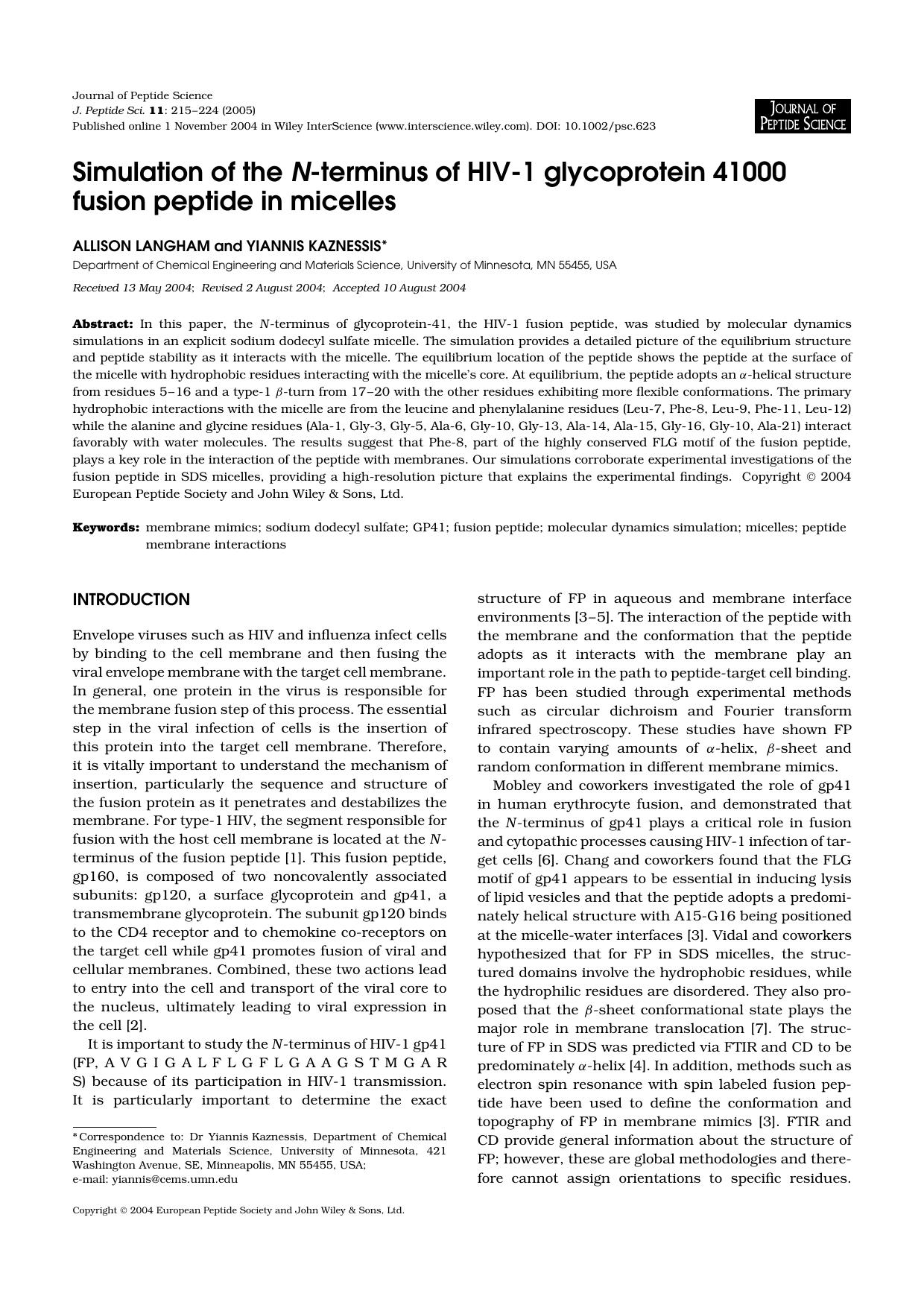 Simulation of the N-terminus of HIV-1 glycoprotein 41000 fusion peptide in micelles by Unknown