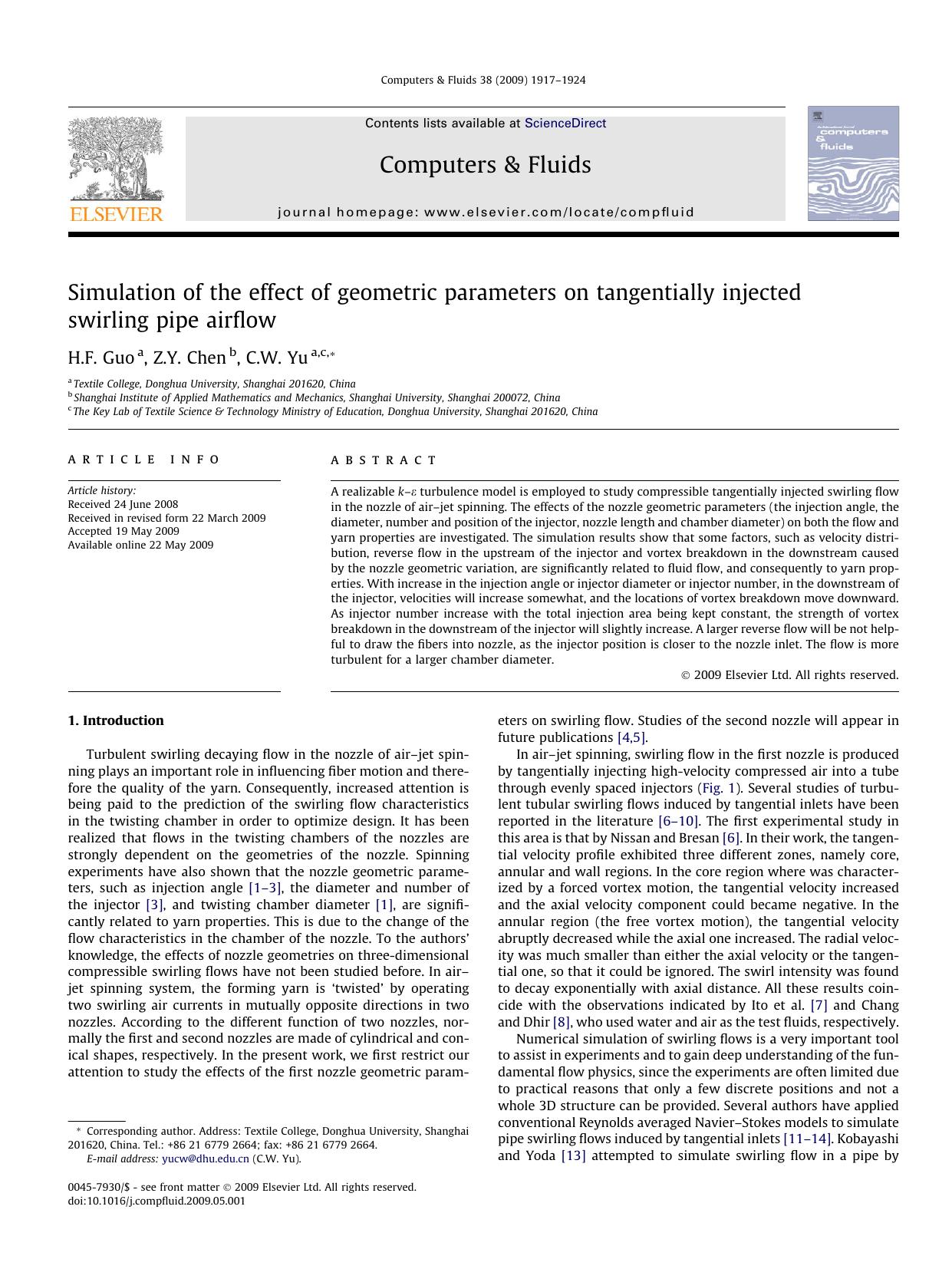 Simulation of the effect of geometric parameters on tangentially injected swirling pipe airflow by H.F. Guo; Z.Y. Chen; C.W. Yu