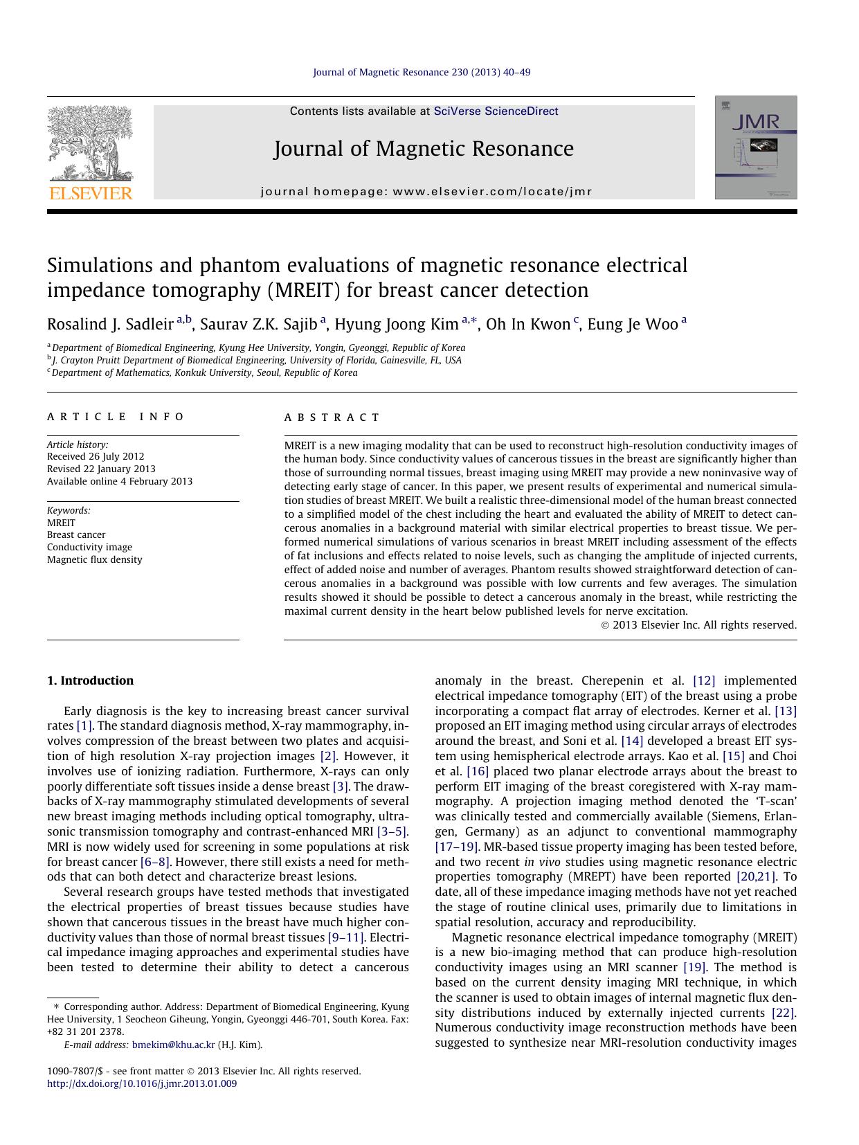 Simulations and phantom evaluations of magnetic resonance electrical impedance tomography (MREIT) for breast cancer detection by Rosalind J. Sadleir & Saurav Z.K. Sajib & Hyung Joong Kim & Oh In Kwon & Eung Je Woo