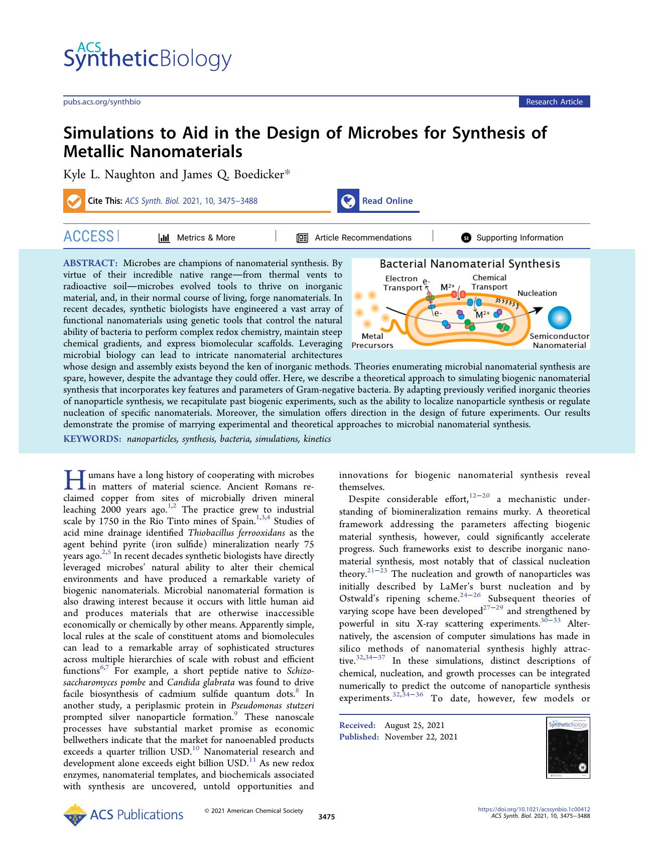 Simulations to Aid in the Design of Microbes for Synthesis of Metallic Nanomaterials by Kyle L. Naughton and James Q. Boedicker