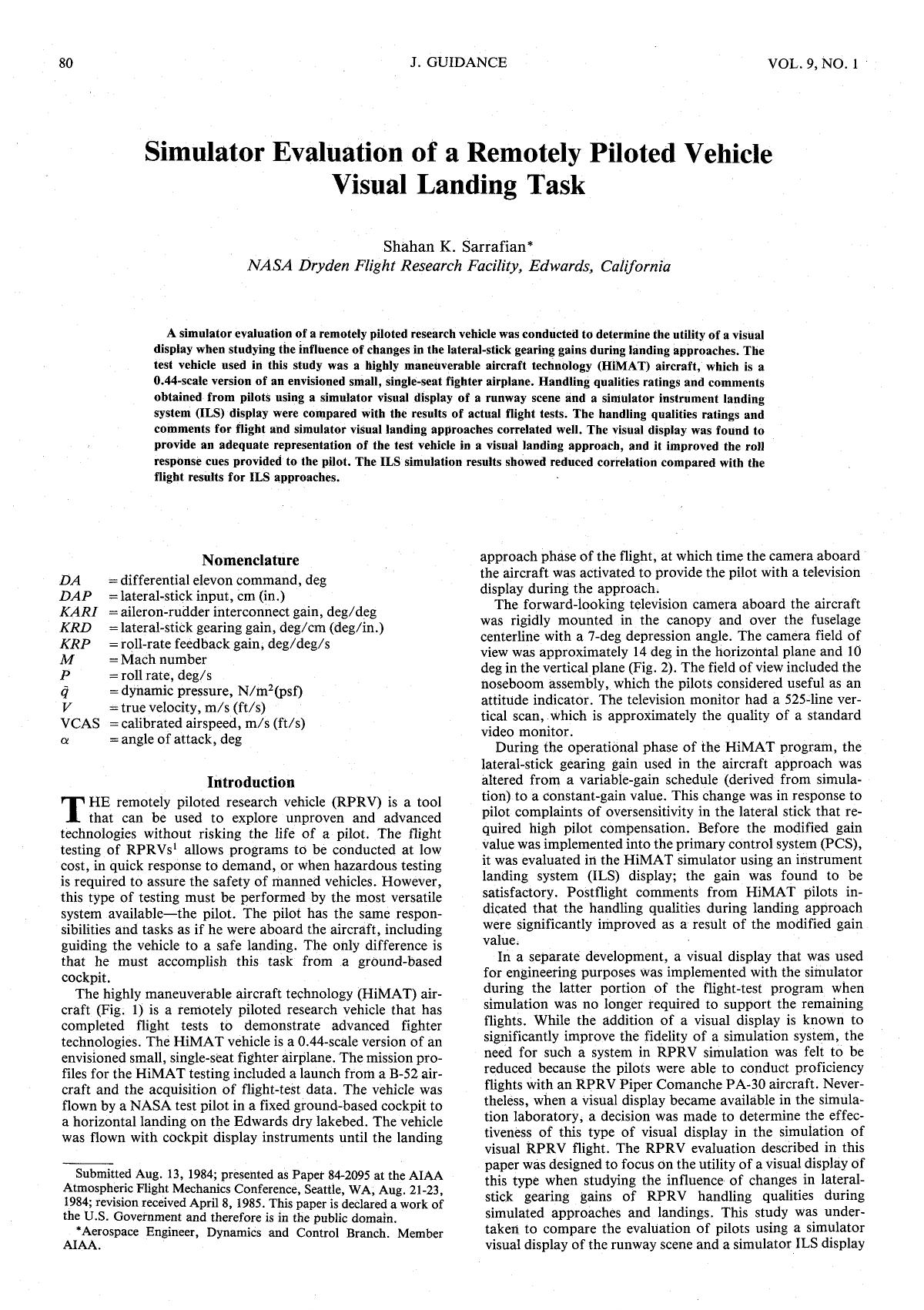 Simulator evaluation of a remotely piloted vehicle visual landing task by Unknown