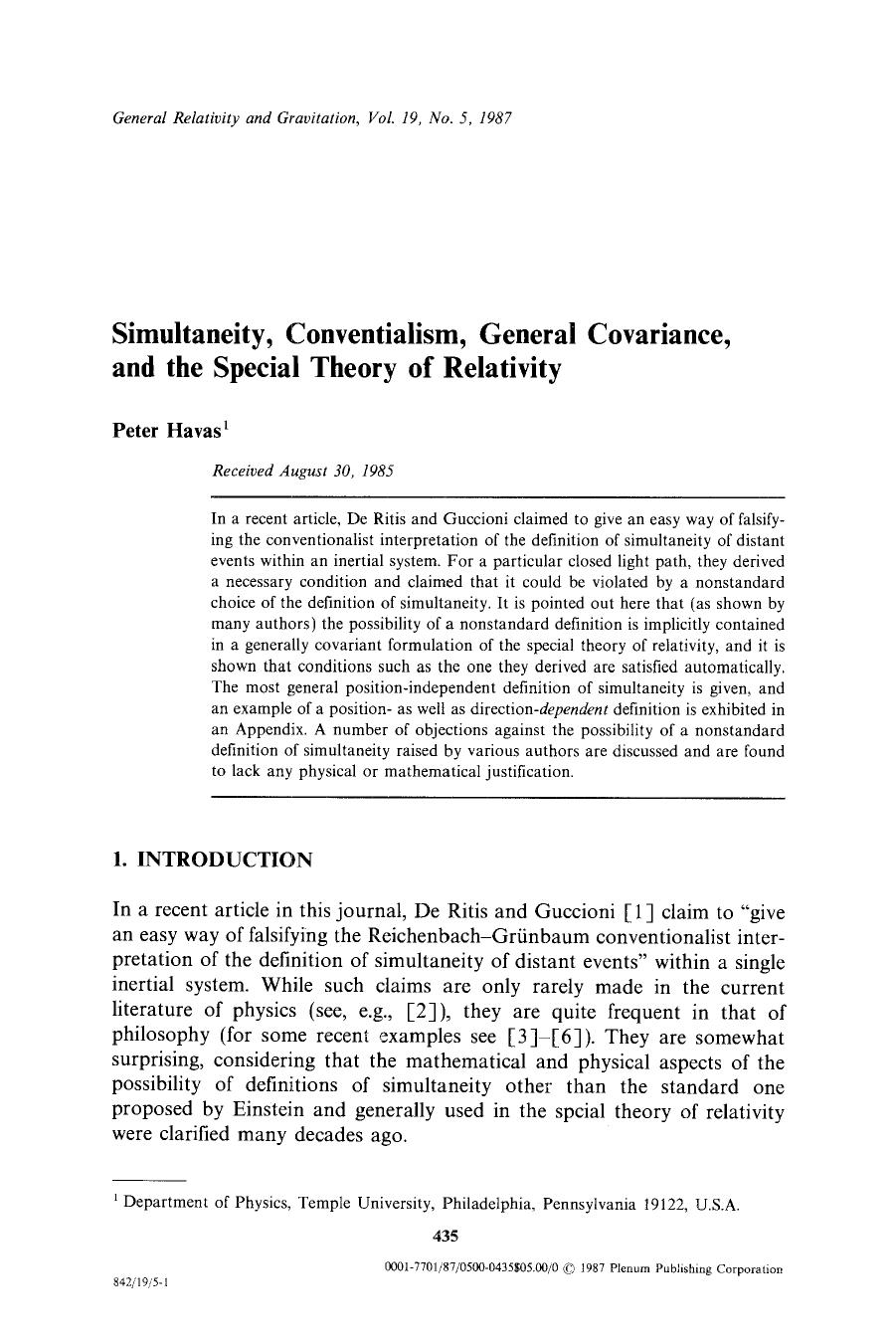 Simultaneity, conventialism, general covariance, and the special theory of relativity by Unknown