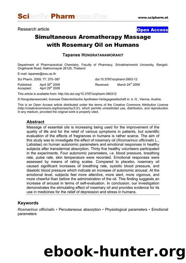 Simultaneous Aromatherapy Massage with Rosemary Oil on Humans by Tapanee HONGRATANAWORAKIT