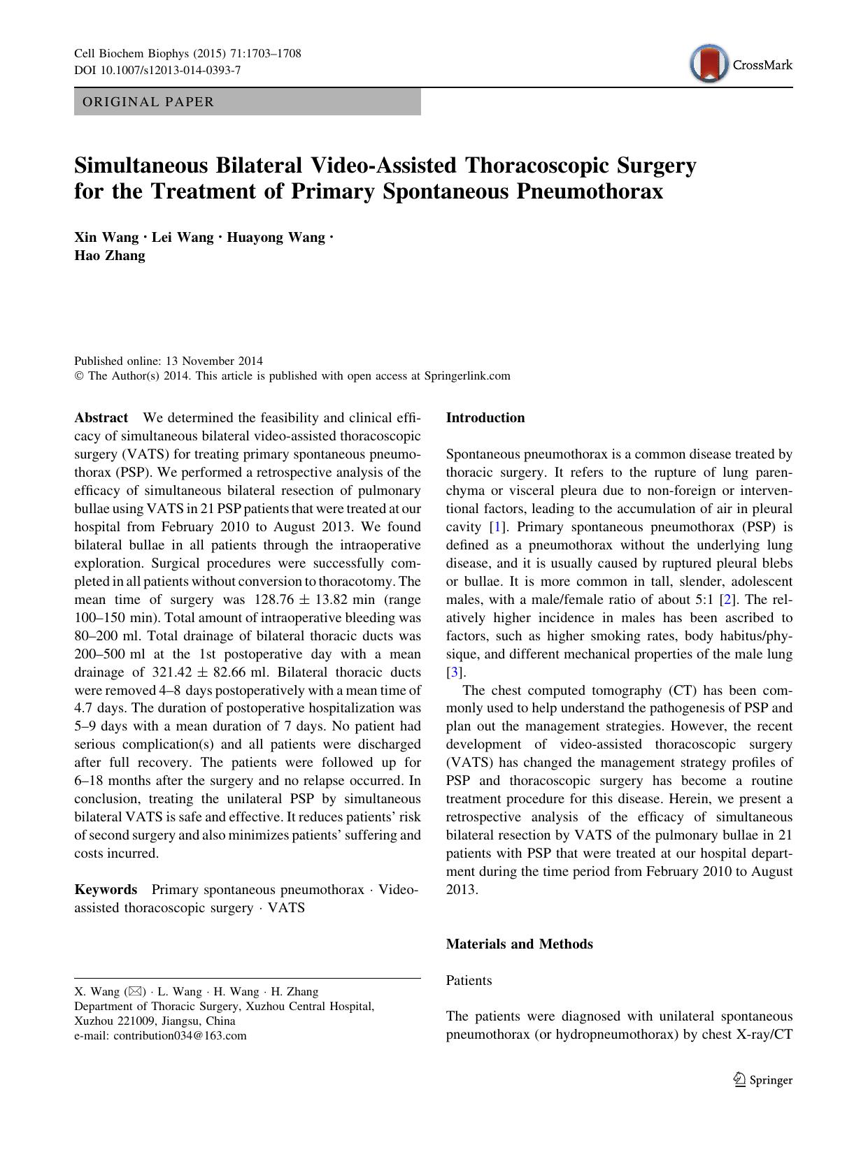 Simultaneous Bilateral Video-Assisted Thoracoscopic Surgery for the Treatment of Primary Spontaneous Pneumothorax by Xin Wang & Lei Wang & Huayong Wang & Hao Zhang
