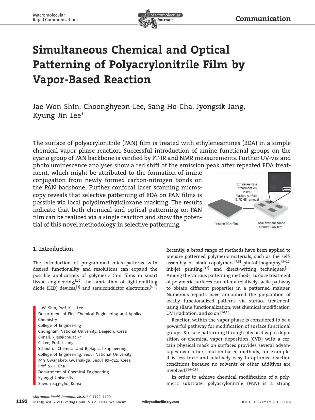 Simultaneous Chemical and Optical Patterning of Polyacrylonitrile Film by Vapor‐Based Reaction by Unknown