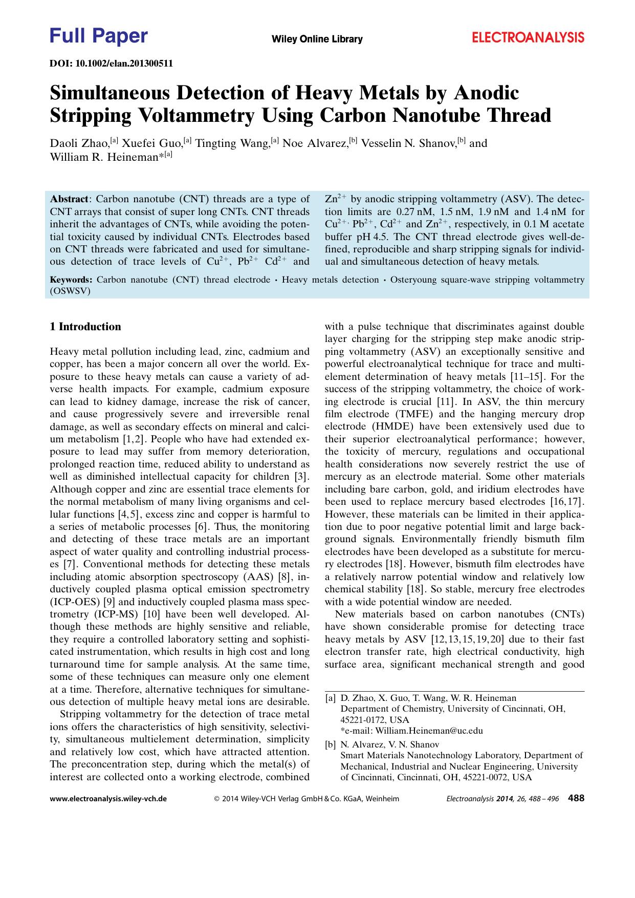 Simultaneous Detection of Heavy Metals by Anodic Stripping Voltammetry Using Carbon Nanotube Thread by Unknown