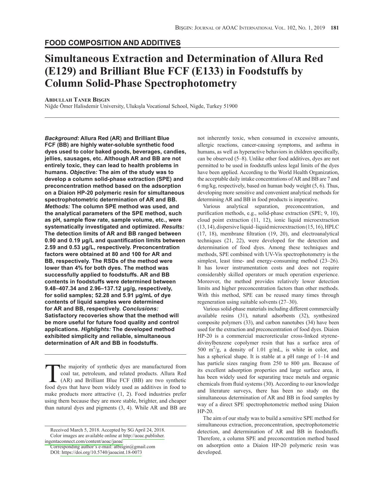 Simultaneous Extraction and Determination of Allura Red (E129) and Brilliant Blue FCF (E133) in Foodstuffs by Column Solid-Phase Spectrophotometry by Abdullah Taner Bi & scedil;gin
