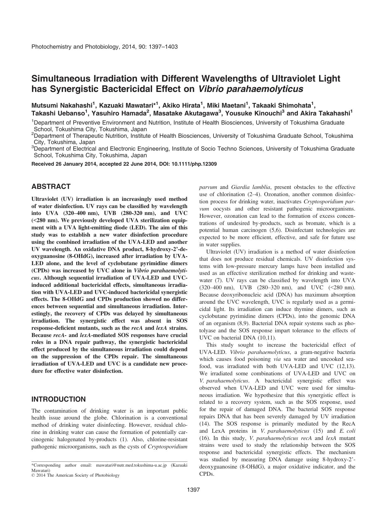 Simultaneous Irradiation with Different Wavelengths of Ultraviolet Light has Synergistic Bactericidal Effect on Vibrio parahaemolyticus by Unknown