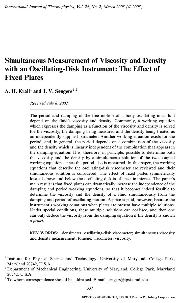 Simultaneous Measurement of Viscosity and Density with an Oscillating-Disk Instrument: The Effect of Fixed Plates by Unknown