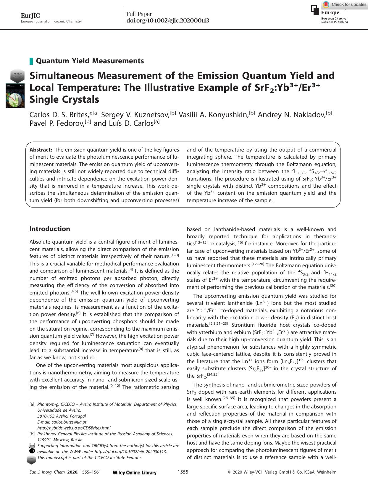 Simultaneous Measurement of the Emission Quantum Yield and Local Temperature: The Illustrative Example of SrF2:Yb3+Er3+ Single Crystals by Unknown