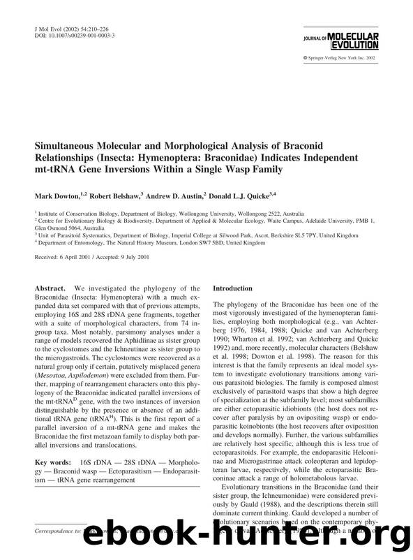 Simultaneous Molecular and Morphological Analysis of Braconid Relationships (Insecta: Hymenoptera: Braconidae) Indicates Independent mt-tRNA Gene Inversions Within a Single Wasp Family by Dowton M. et al