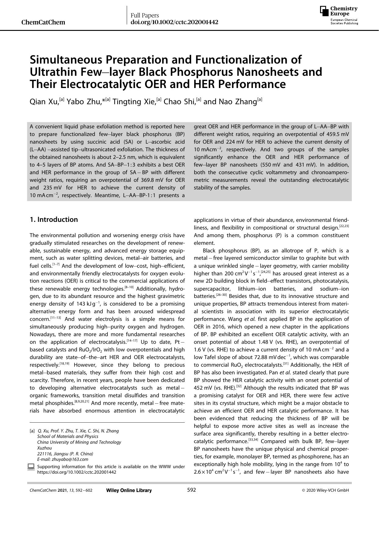 Simultaneous Preparation and Functionalization of Ultrathin Fewâlayer Black Phosphorus Nanosheets and Their Electrocatalytic OER and HER Performance by Unknown