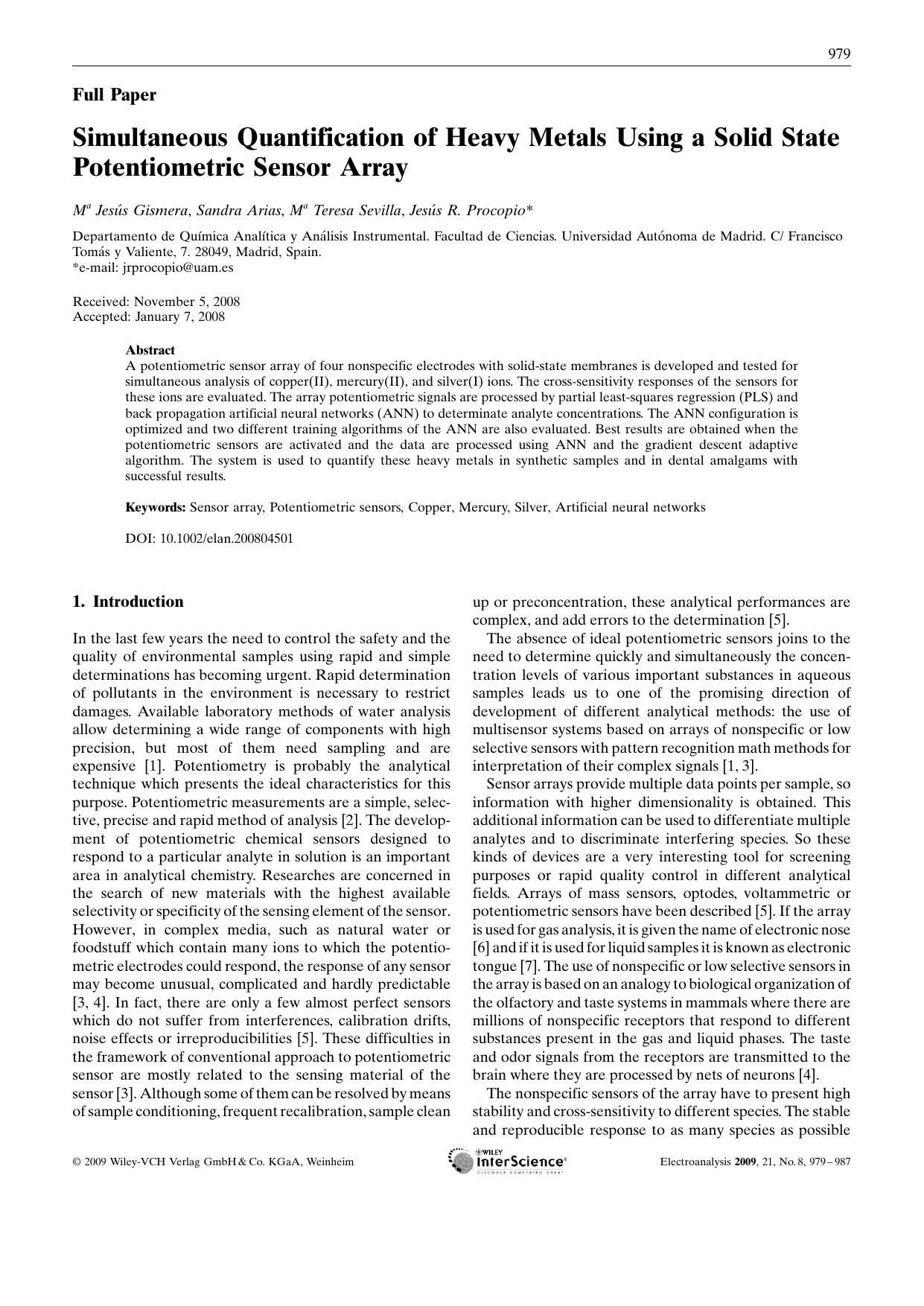 Simultaneous Quantification of Heavy Metals Using a Solid State Potentiometric Sensor Array by Unknown