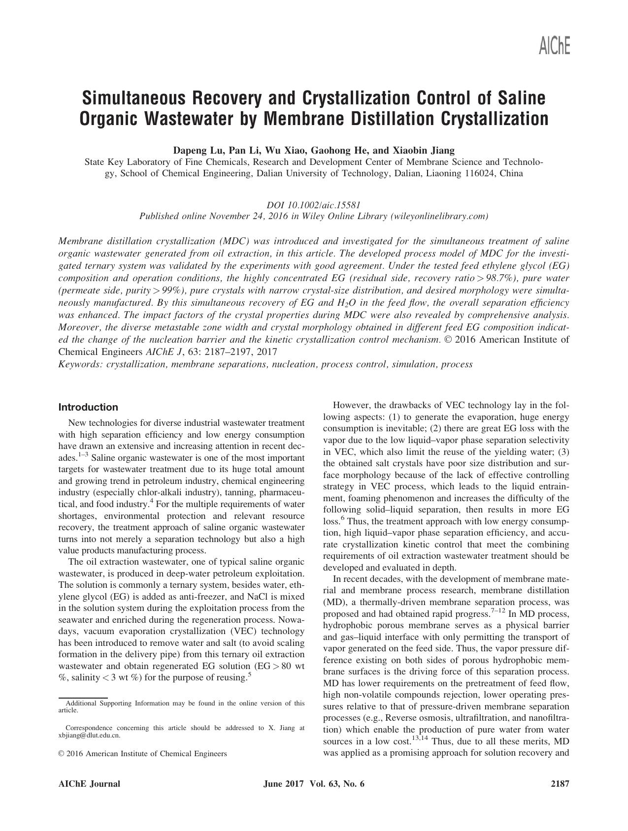 Simultaneous Recovery and Crystallization Control of Saline Organic Wastewater by Membrane Distillation Crystallization by Unknown