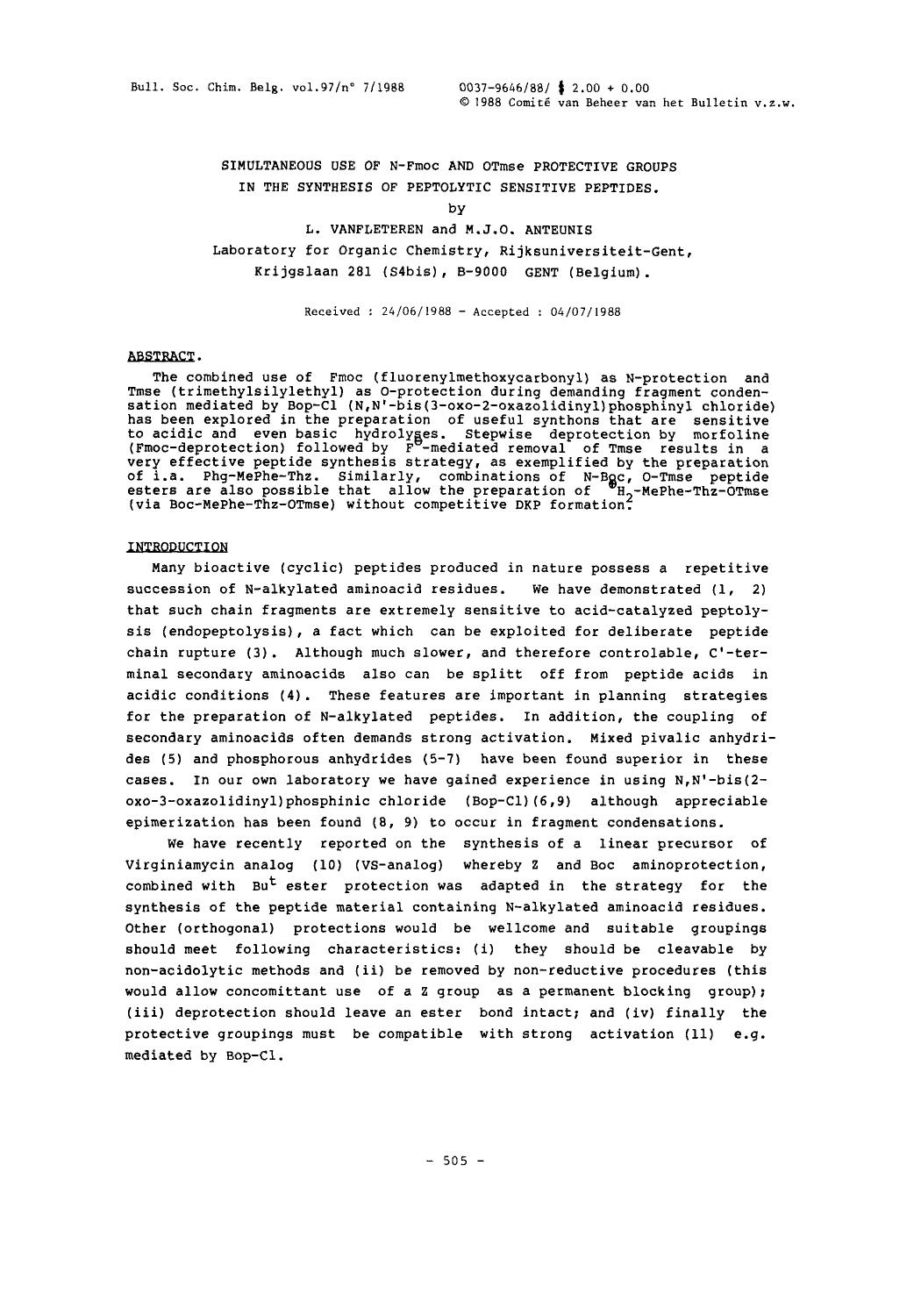 Simultaneous Use of NFmoc and OTmse Protective Groups in the Synthesis of Peptolytic Sensitive Peptides by Unknown
