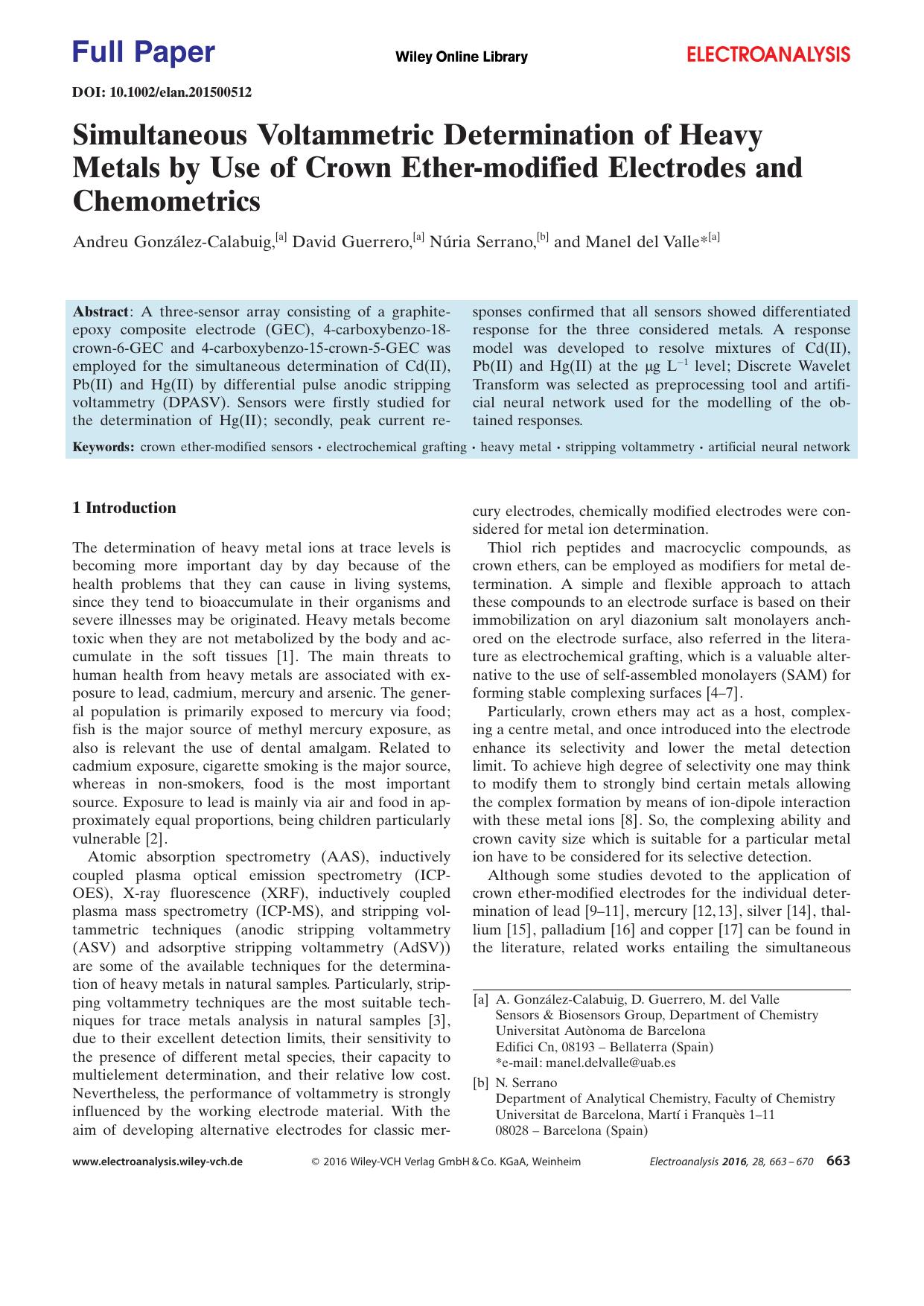Simultaneous Voltammetric Determination of Heavy Metals by Use of Crown Ethermodified Electrodes and Chemometrics by Unknown