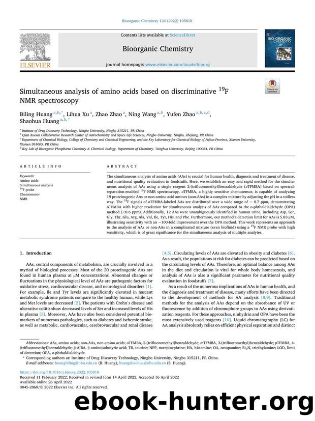 Simultaneous analysis of amino acids based on discriminative 19F NMR spectroscopy by Biling Huang & Lihua Xu & Zhao Zhao & Ning Wang & Yufen Zhao & Shaohua Huang